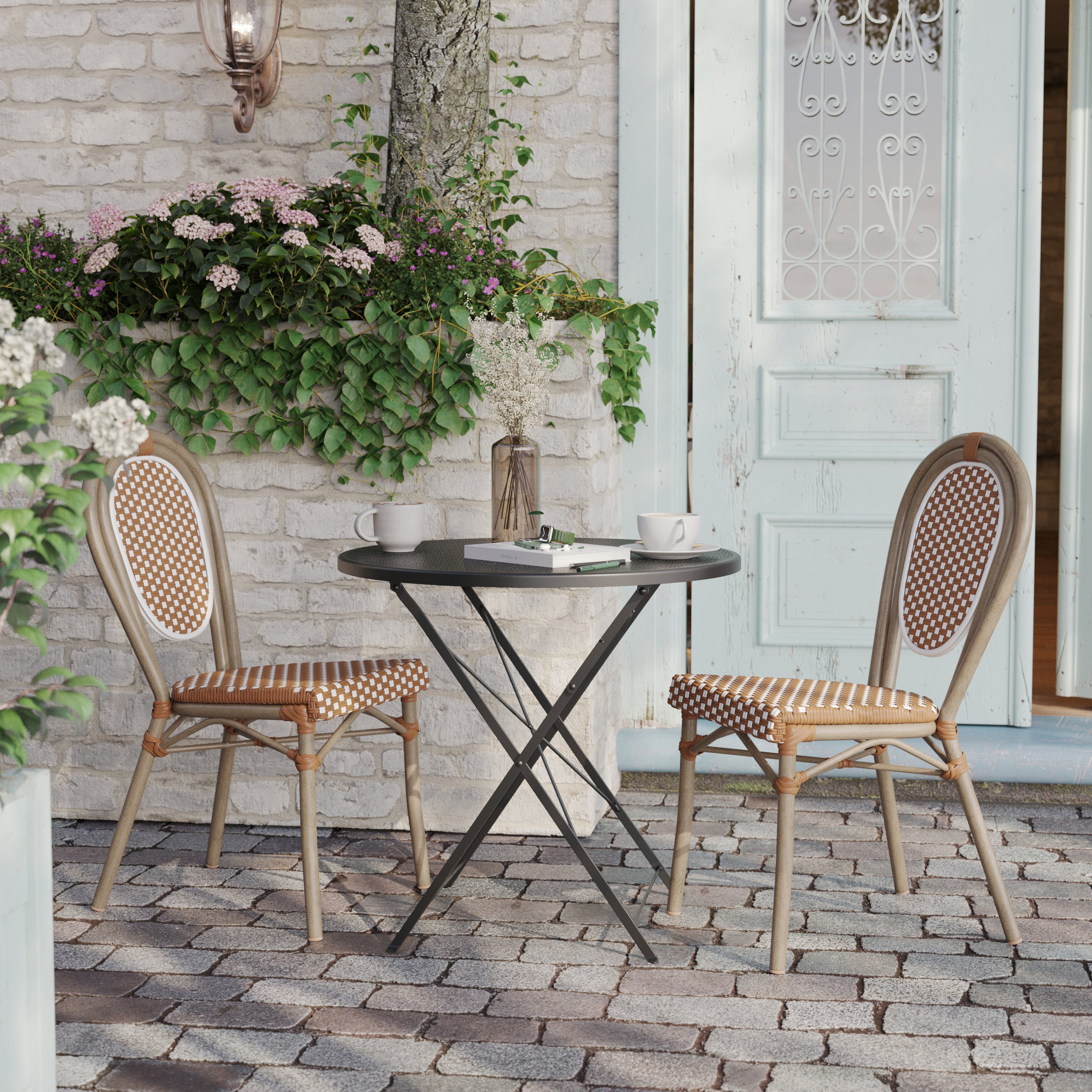 2 Pack Lourdes Indoor/Outdoor Commercial Thonet Bistro Stacking Chair, Natural/White PE Rattan and Bamboo Print Aluminum Frame in Light Natural