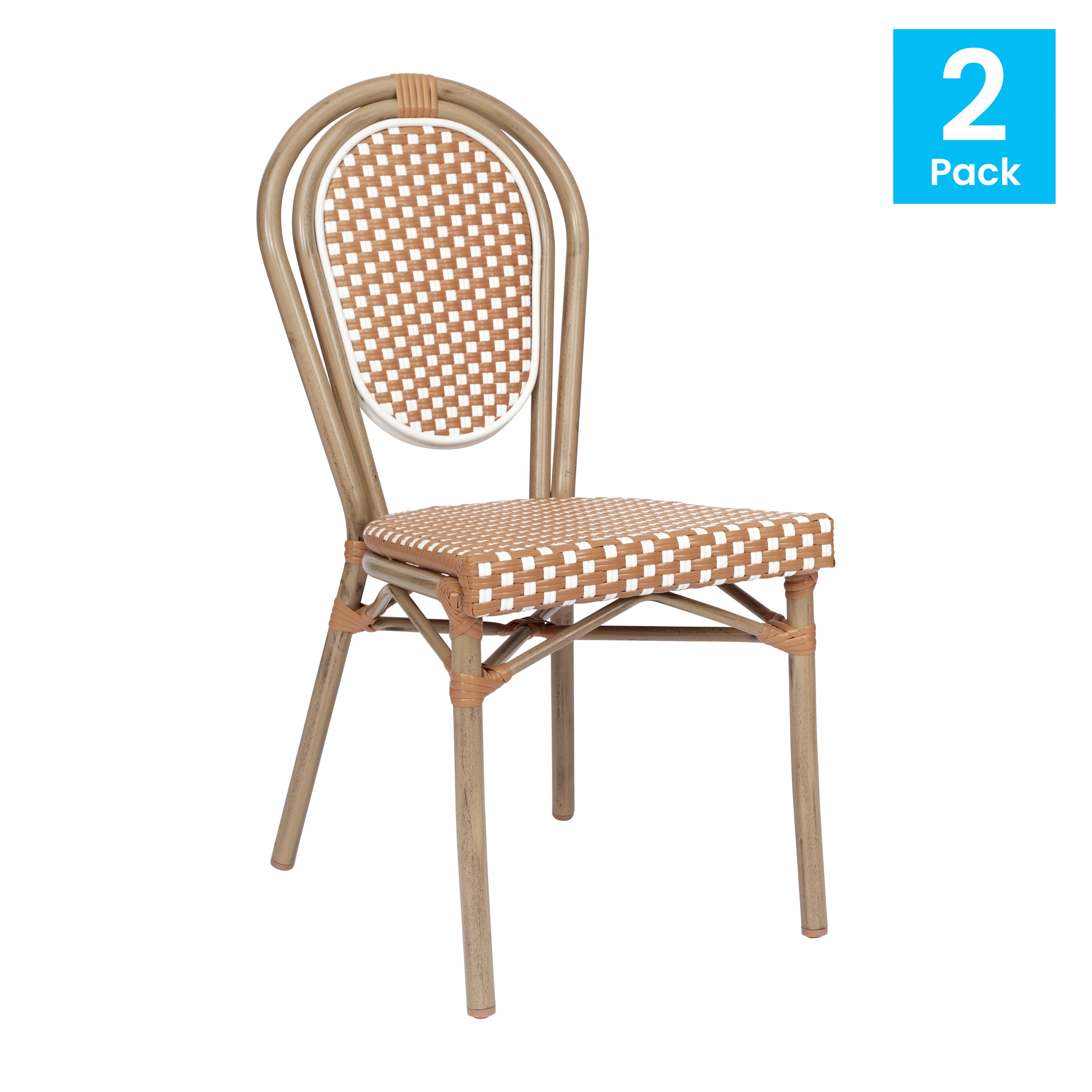 2 Pack Lourdes Indoor/Outdoor Commercial Thonet Bistro Stacking Chair, Natural/White PE Rattan and Bamboo Print Aluminum Frame in Light Natural
