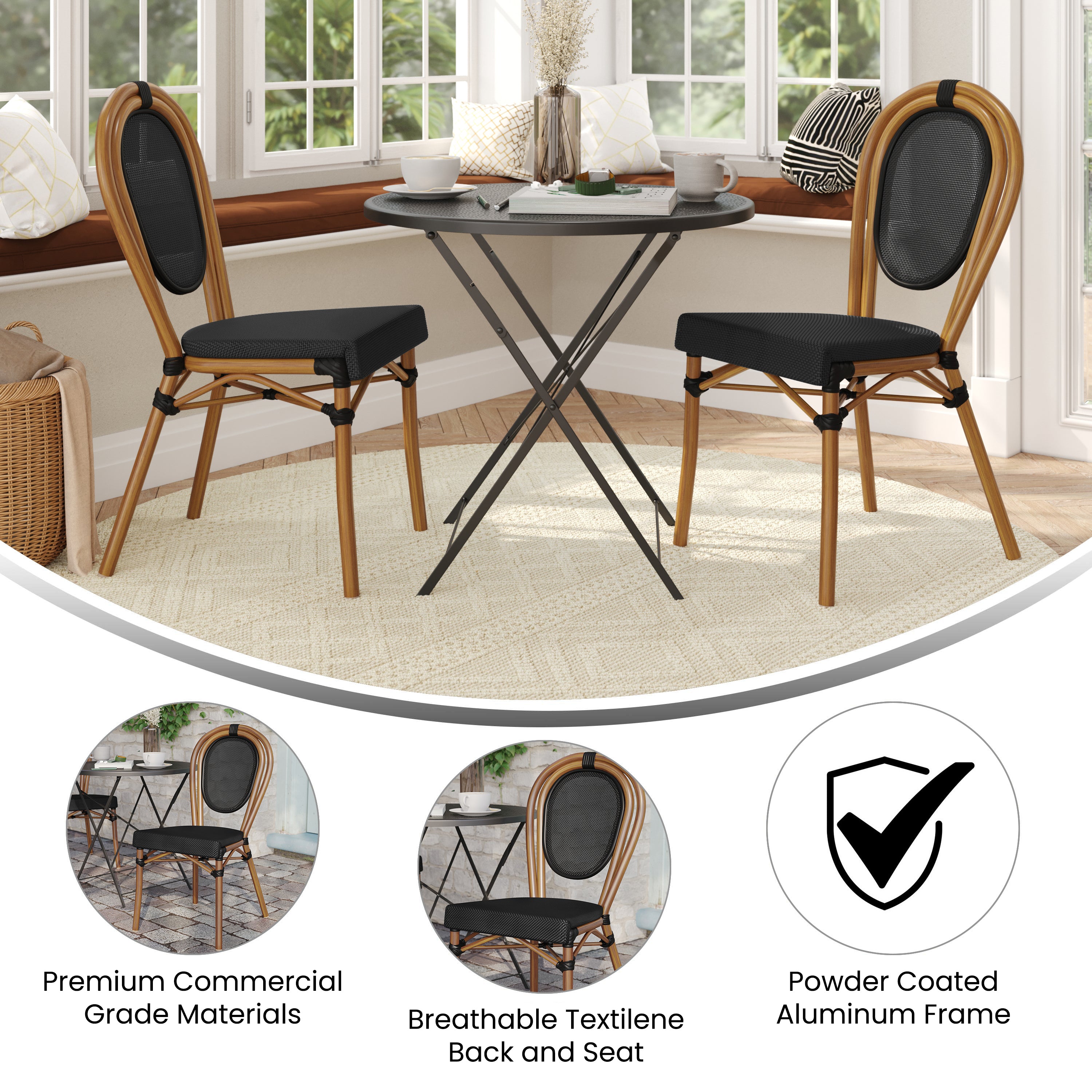2 Pack Marseille Indoor/Outdoor Commercial Thonet Bistro Stacking Chair, Black Textilene and Bamboo Print Aluminum Frame in Natural