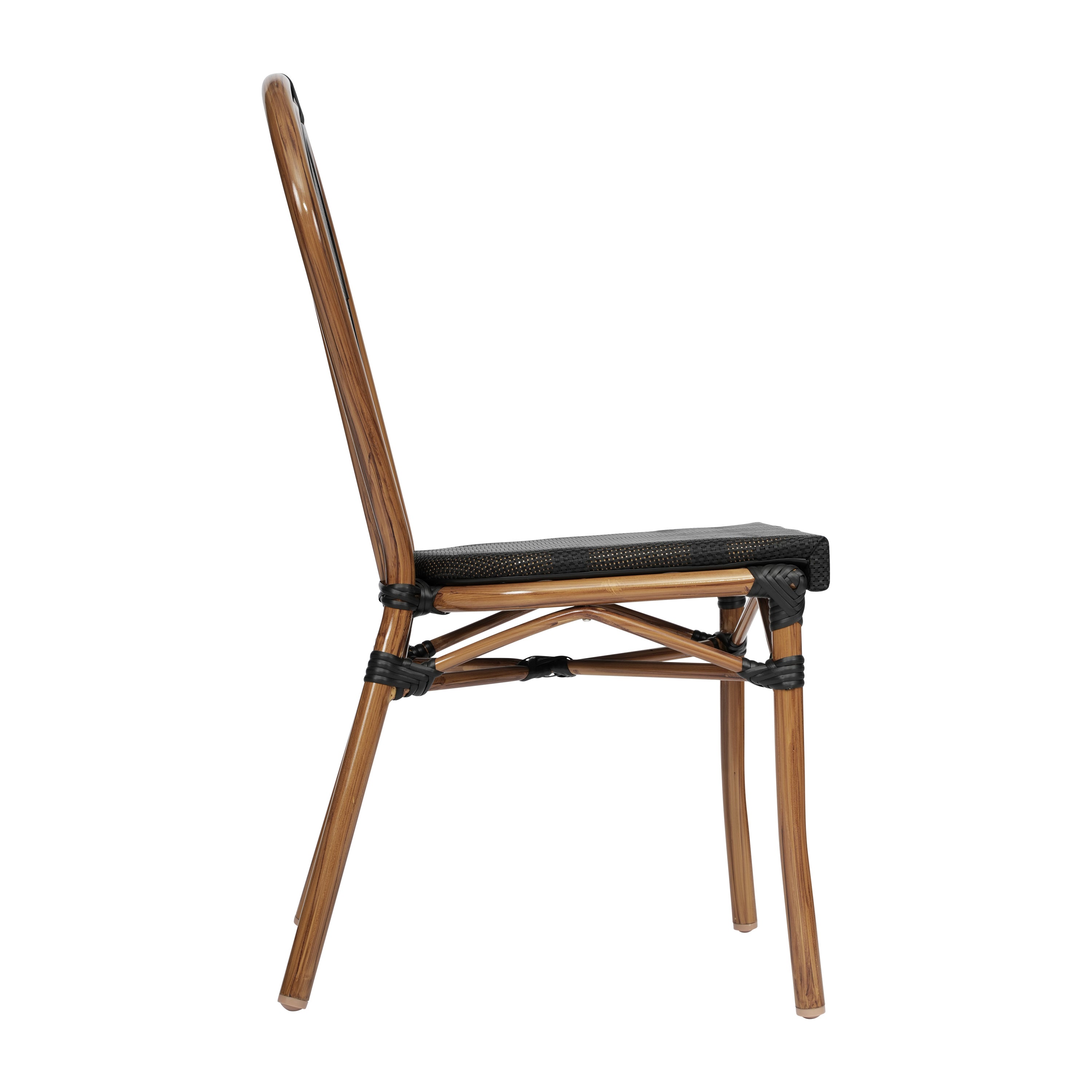 2 Pack Marseille Indoor/Outdoor Commercial Thonet Bistro Stacking Chair, Black Textilene and Bamboo Print Aluminum Frame in Natural