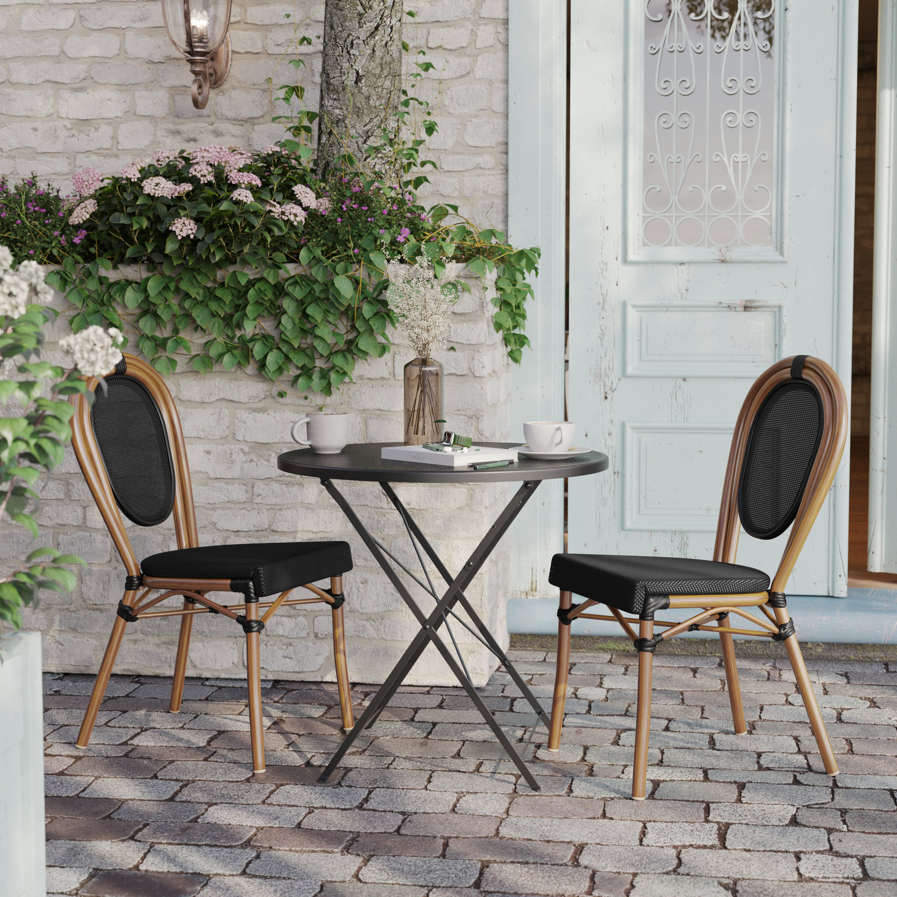 2 Pack Marseille Indoor/Outdoor Commercial Thonet Bistro Stacking Chair, Black Textilene and Bamboo Print Aluminum Frame in Natural