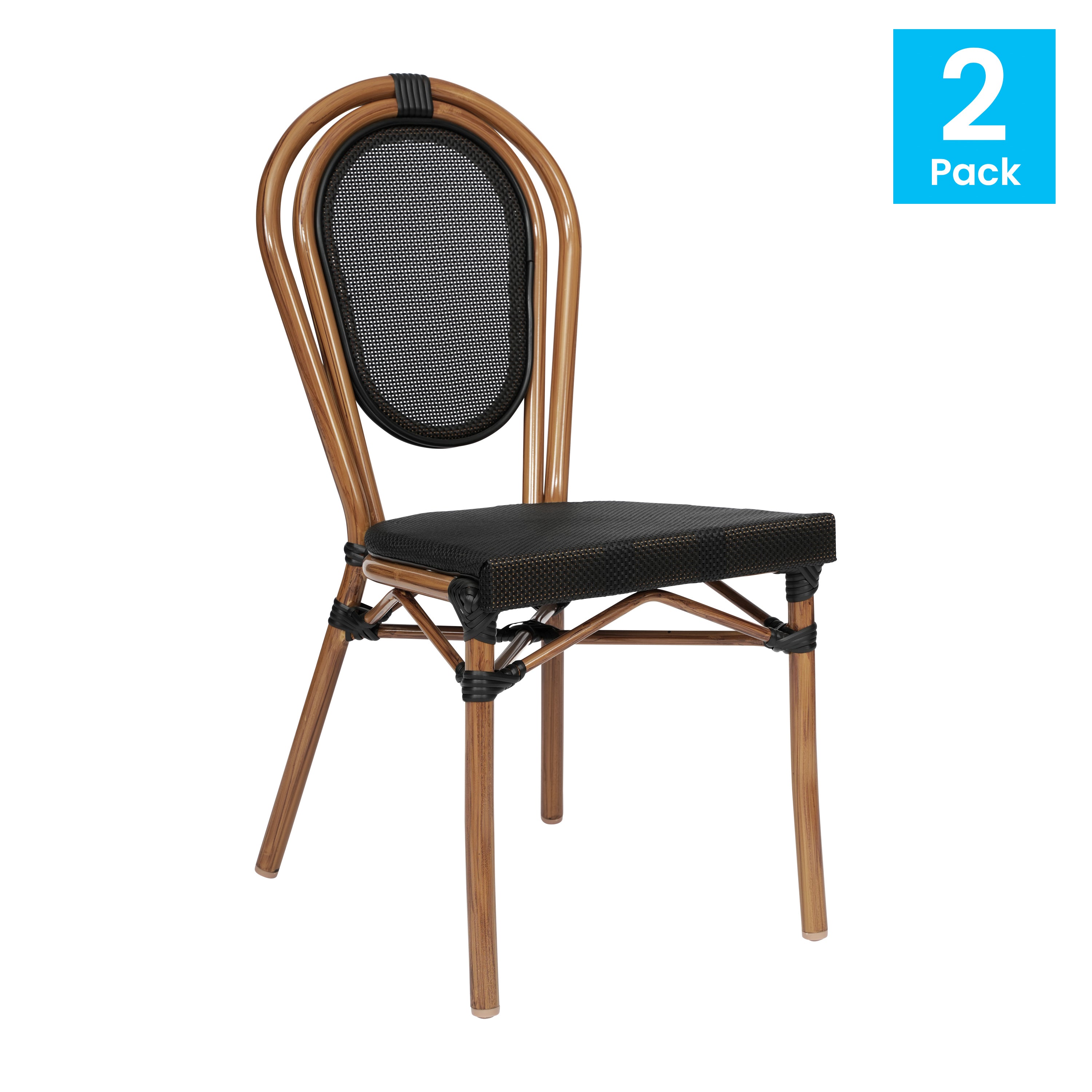 2 Pack Marseille Indoor/Outdoor Commercial Thonet Bistro Stacking Chair, Black Textilene and Bamboo Print Aluminum Frame in Natural
