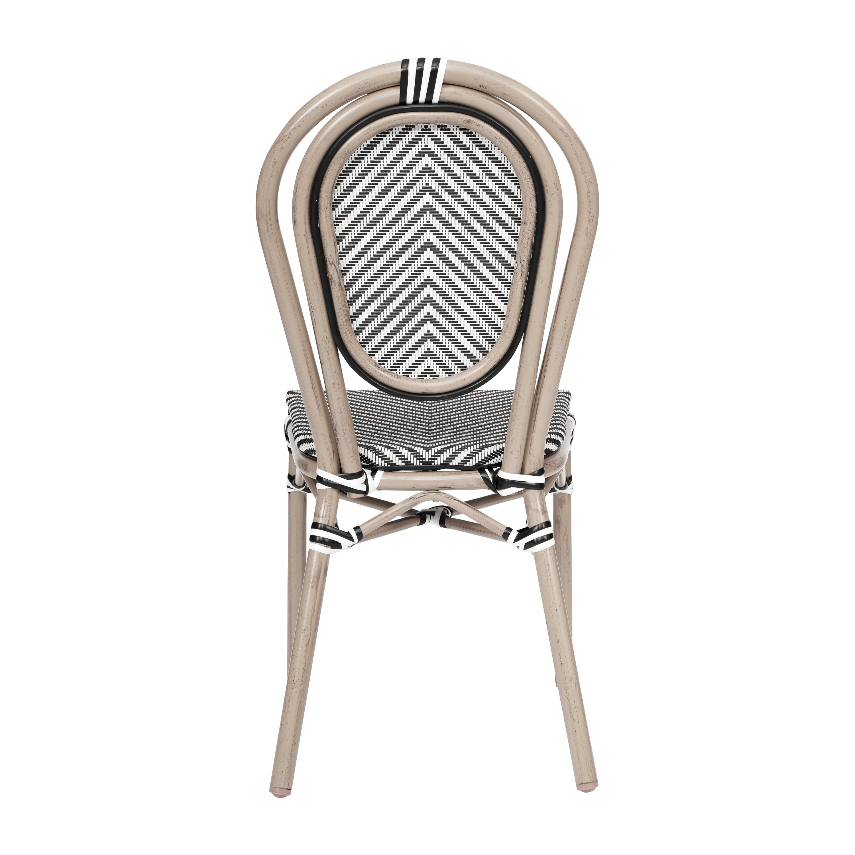 2 Pack Marseille Indoor/Outdoor Commercial Thonet Bistro Stacking Chair, Black/White Textilene and Bamboo Print Aluminum Frame in LT Natural
