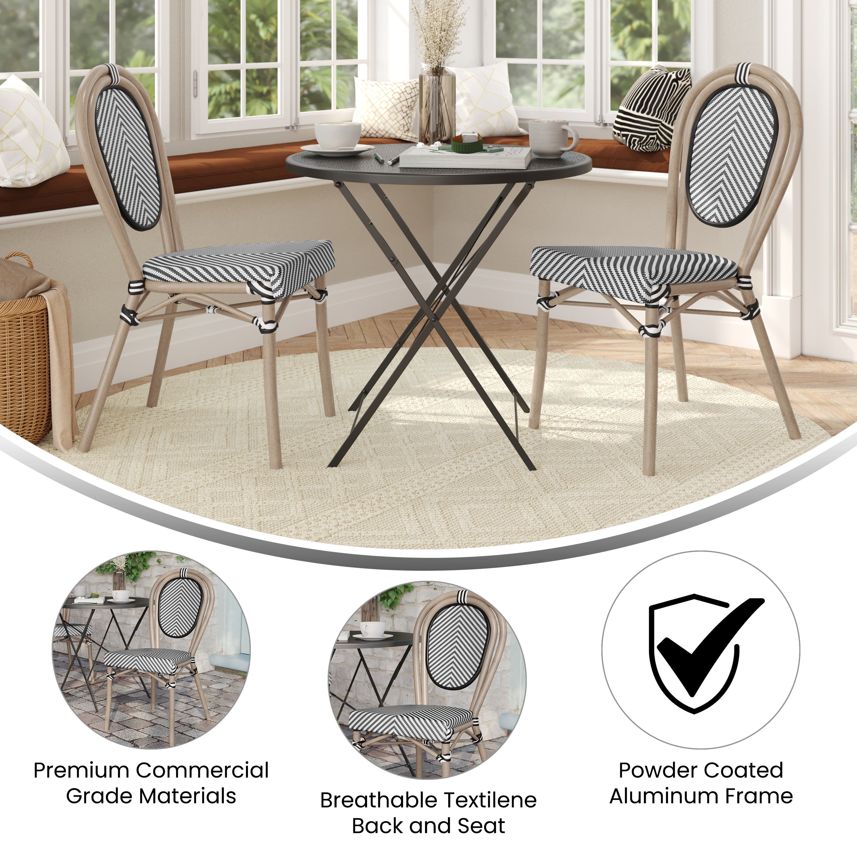 2 Pack Marseille Indoor/Outdoor Commercial Thonet Bistro Stacking Chair, Black/White Textilene and Bamboo Print Aluminum Frame in LT Natural