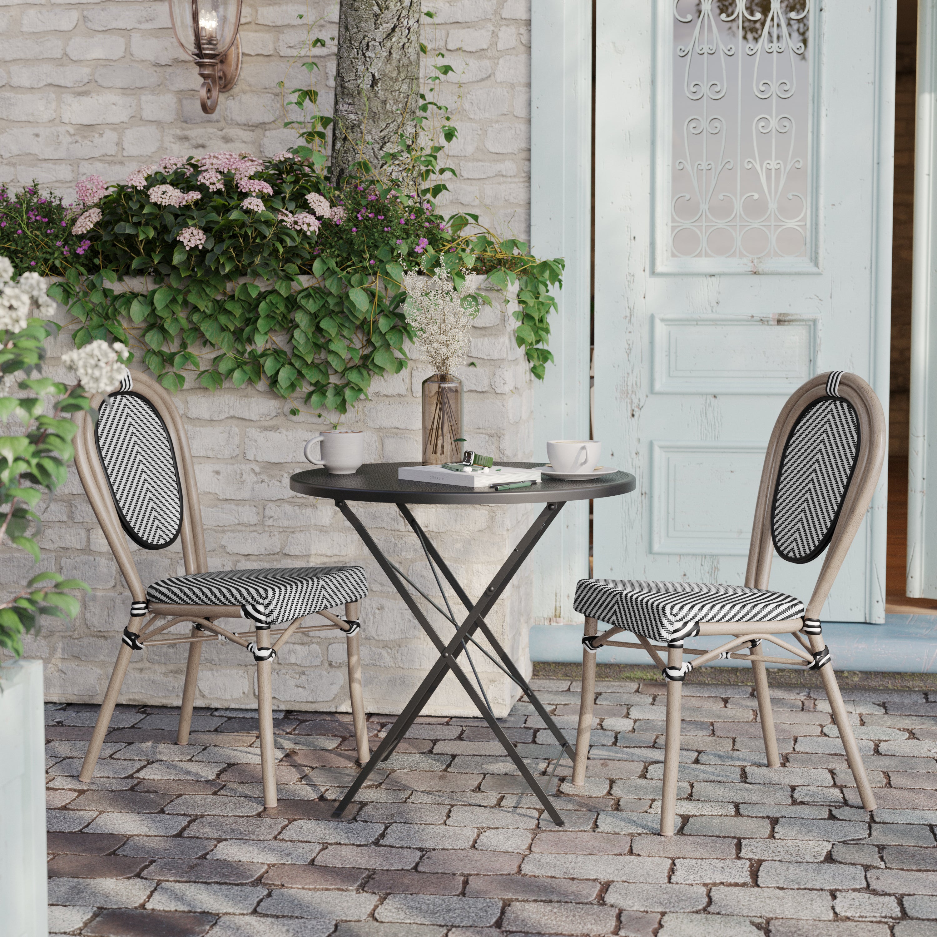 2 Pack Marseille Indoor/Outdoor Commercial Thonet Bistro Stacking Chair, Black/White Textilene and Bamboo Print Aluminum Frame in LT Natural