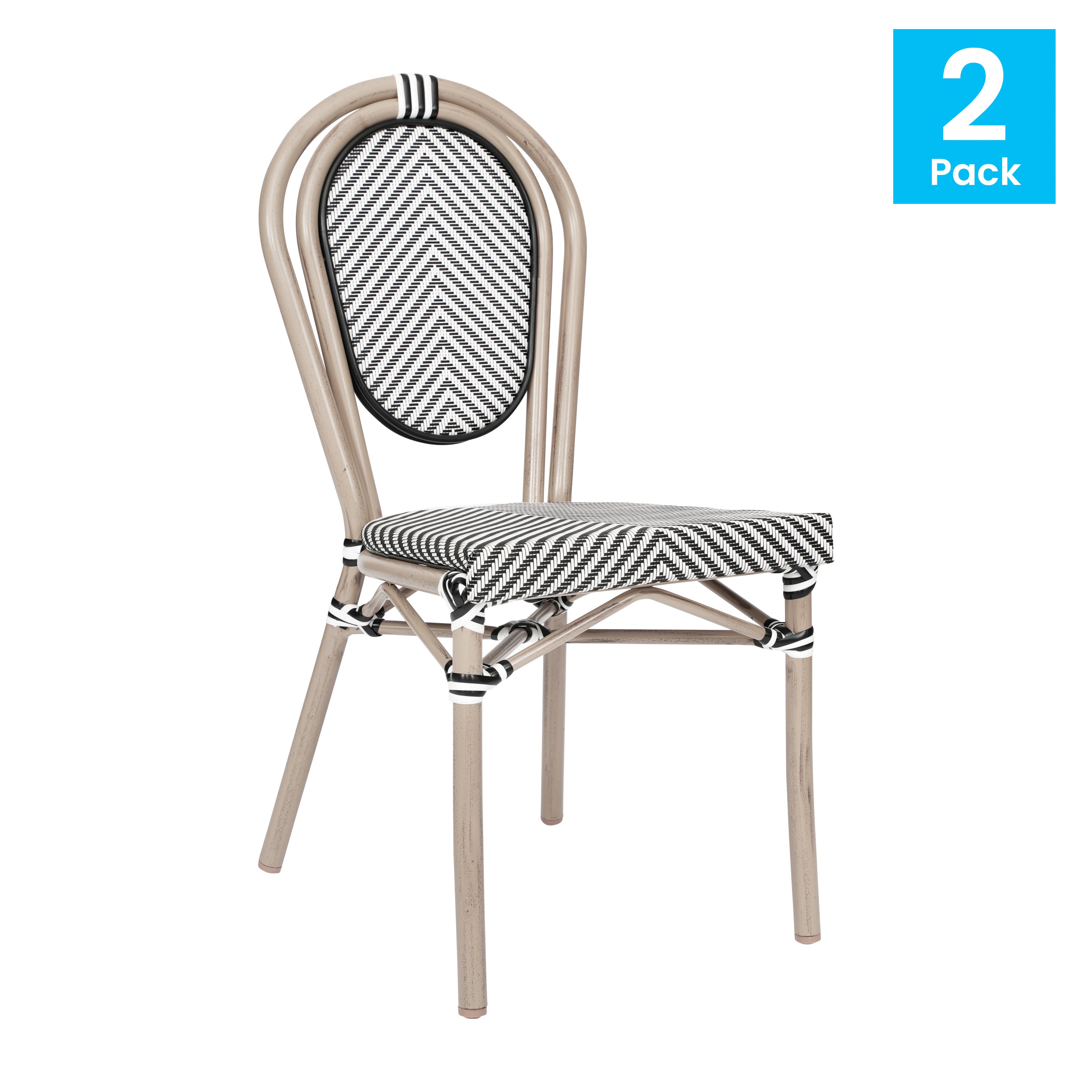 2 Pack Marseille Indoor/Outdoor Commercial Thonet Bistro Stacking Chair, Black/White Textilene and Bamboo Print Aluminum Frame in LT Natural