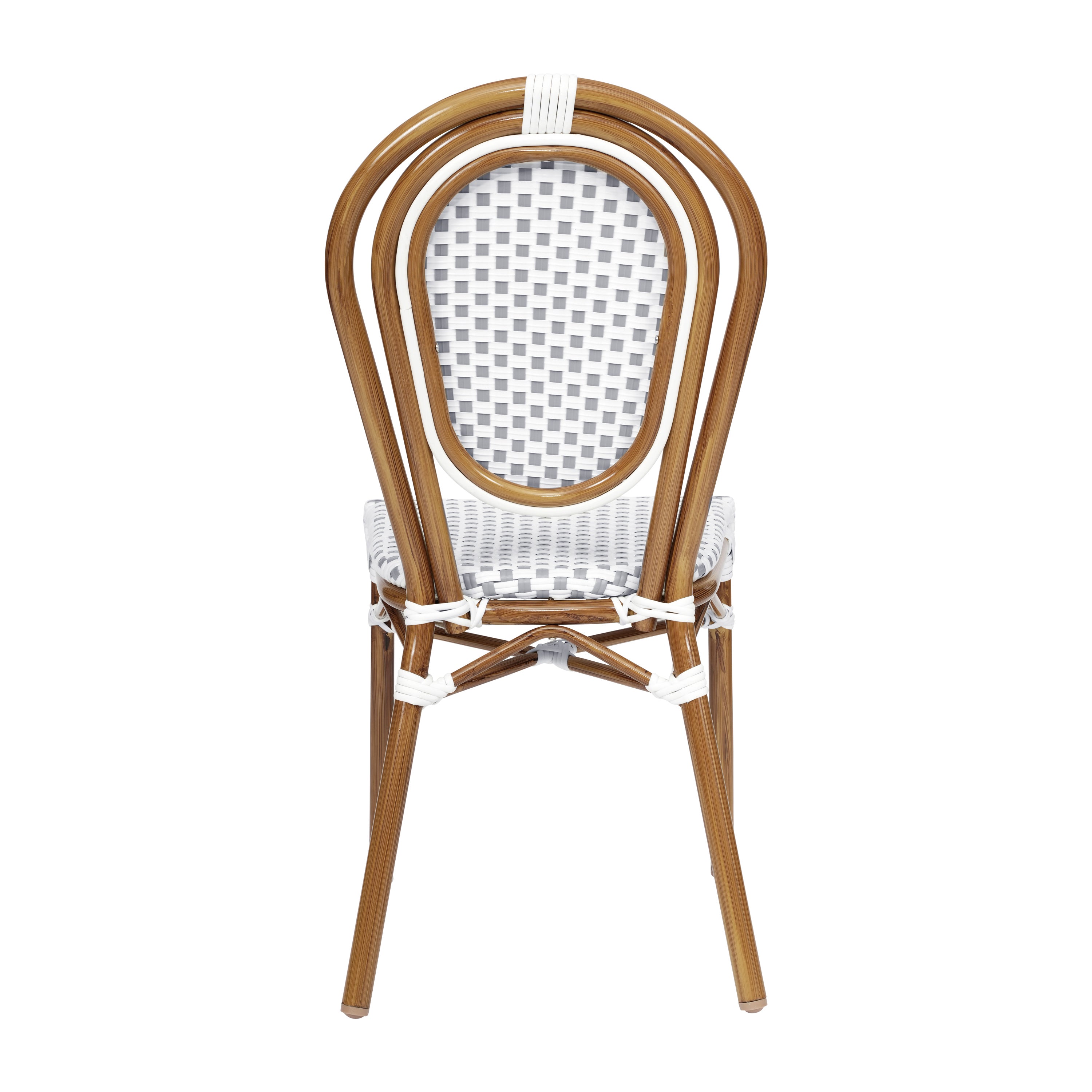 2 Pack Lourdes Indoor/Outdoor Commercial Thonet Bistro Stacking Chair, White and Gray PE Rattan and Bamboo Print Aluminum Frame in Natural