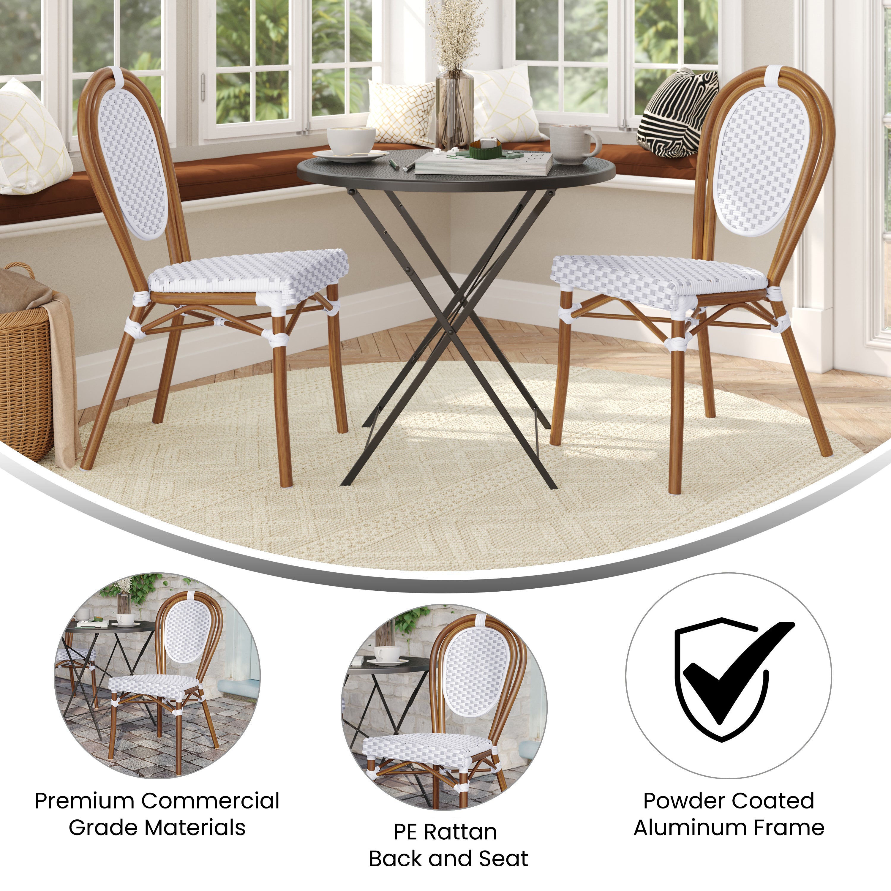 2 Pack Lourdes Indoor/Outdoor Commercial Thonet Bistro Stacking Chair, White and Gray PE Rattan and Bamboo Print Aluminum Frame in Natural