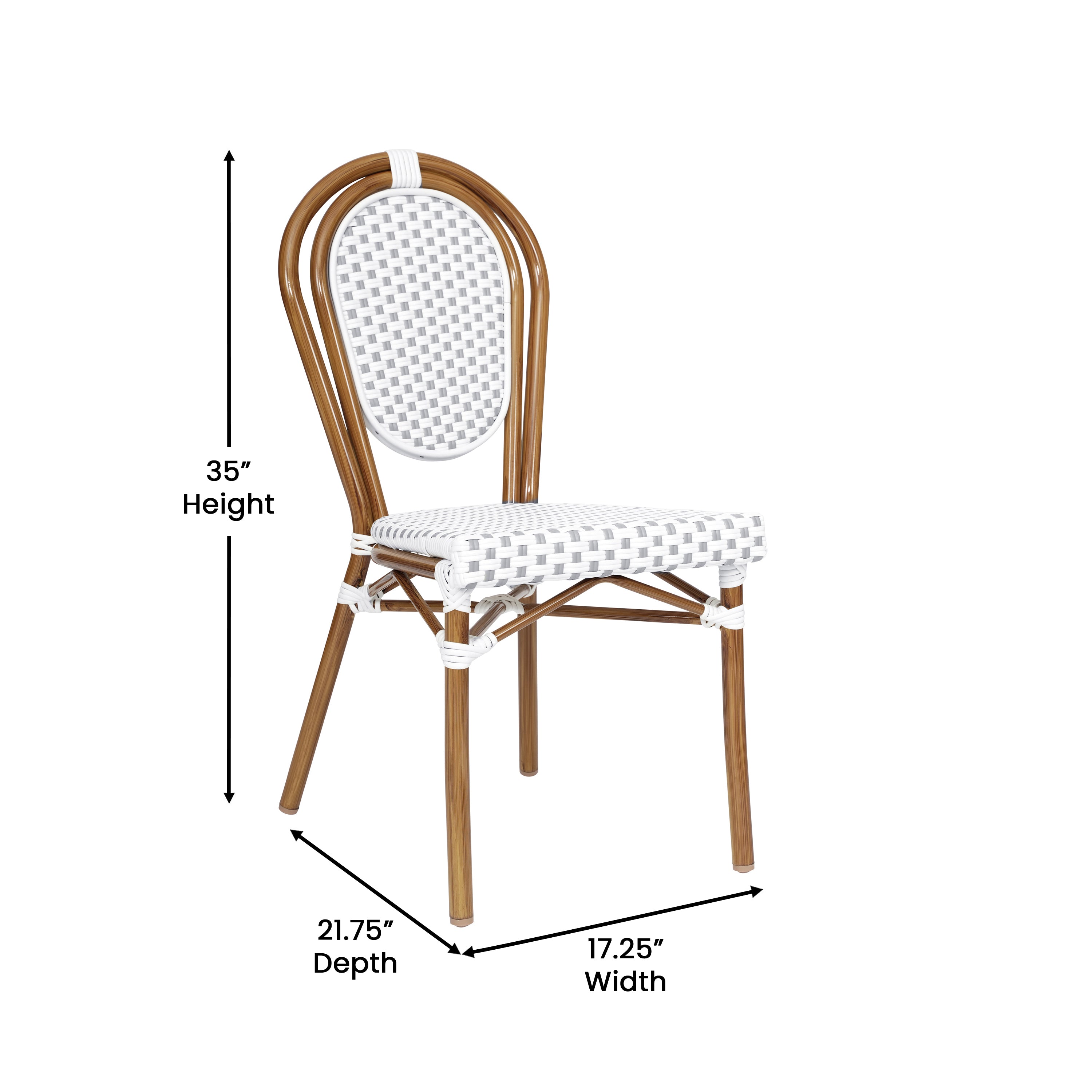 2 Pack Lourdes Indoor/Outdoor Commercial Thonet Bistro Stacking Chair, White and Gray PE Rattan and Bamboo Print Aluminum Frame in Natural