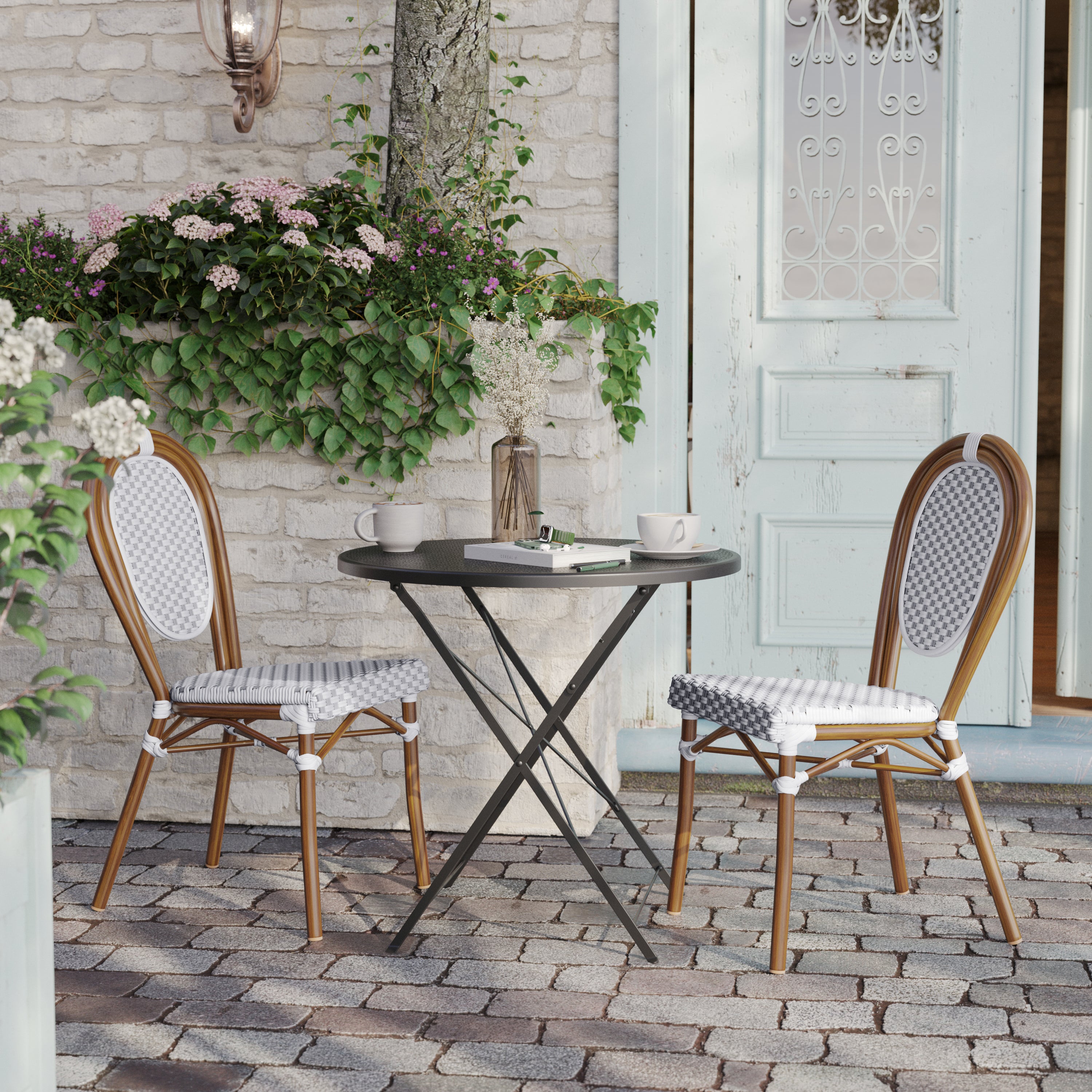 2 Pack Lourdes Indoor/Outdoor Commercial Thonet Bistro Stacking Chair, White and Gray PE Rattan and Bamboo Print Aluminum Frame in Natural