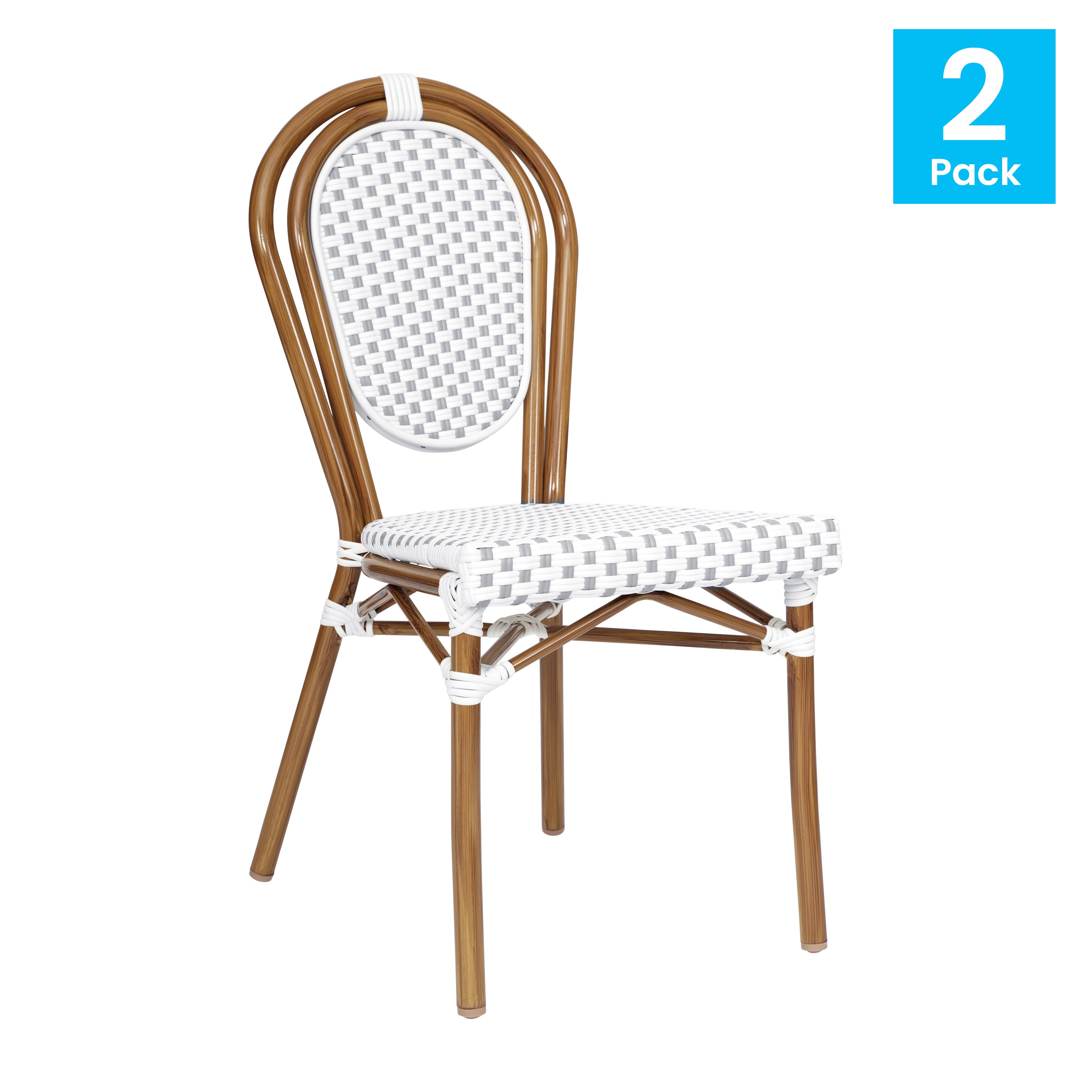2 Pack Lourdes Indoor/Outdoor Commercial Thonet Bistro Stacking Chair, White and Gray PE Rattan and Bamboo Print Aluminum Frame in Natural