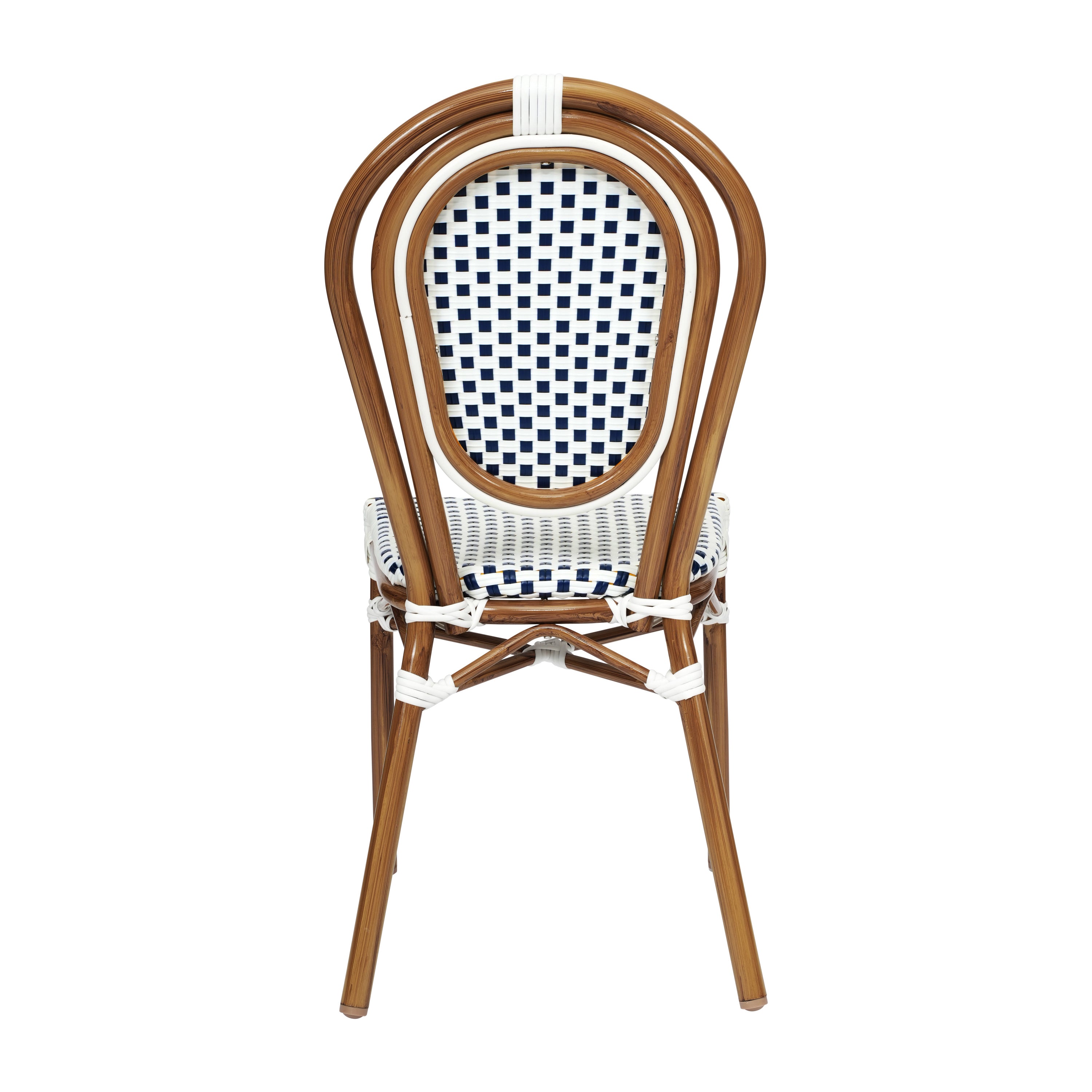 2 Pack Lourdes Indoor/Outdoor Commercial Thonet Bistro Stacking Chair, White and Navy PE Rattan and Bamboo Print Aluminum Frame in Natural