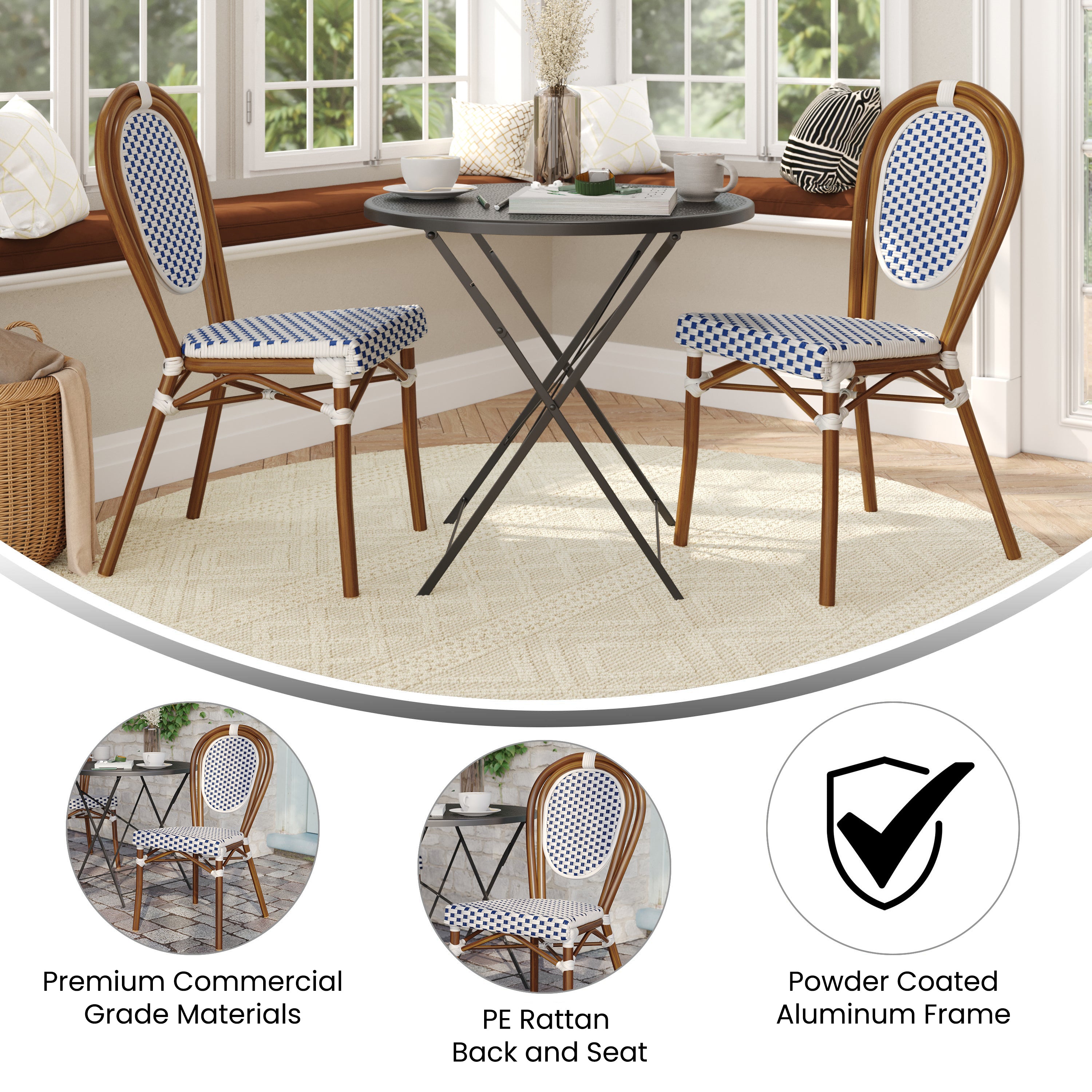 2 Pack Lourdes Indoor/Outdoor Commercial Thonet Bistro Stacking Chair, White and Navy PE Rattan and Bamboo Print Aluminum Frame in Natural