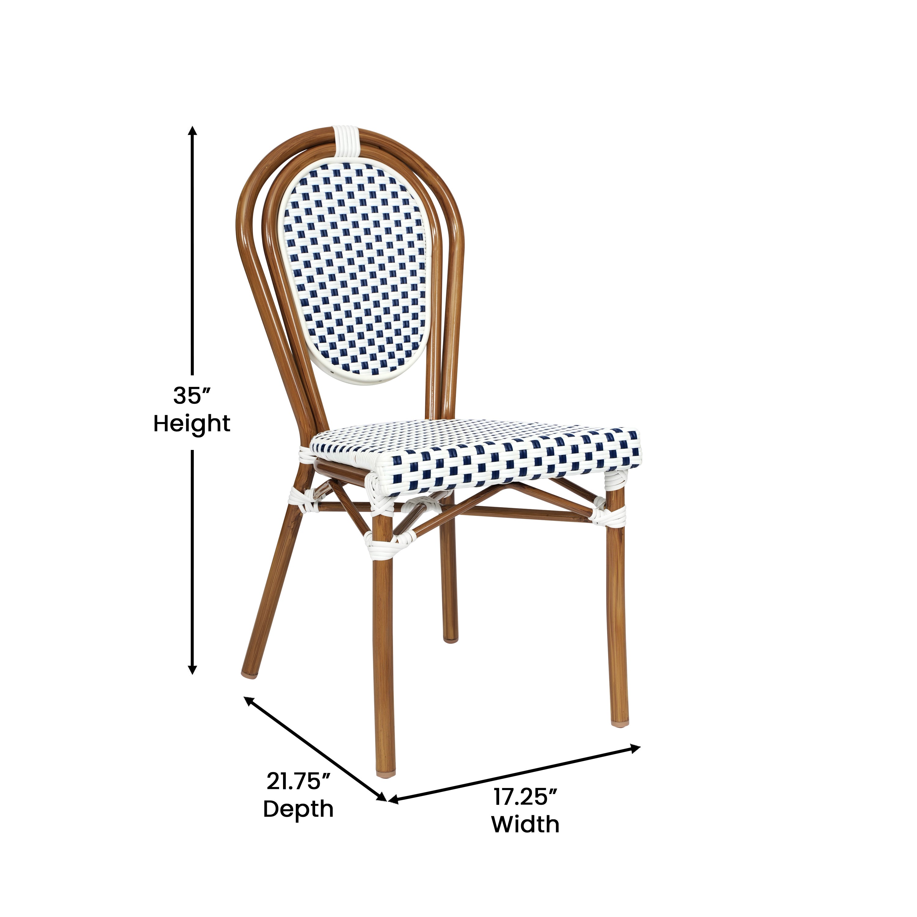 2 Pack Lourdes Indoor/Outdoor Commercial Thonet Bistro Stacking Chair, White and Navy PE Rattan and Bamboo Print Aluminum Frame in Natural