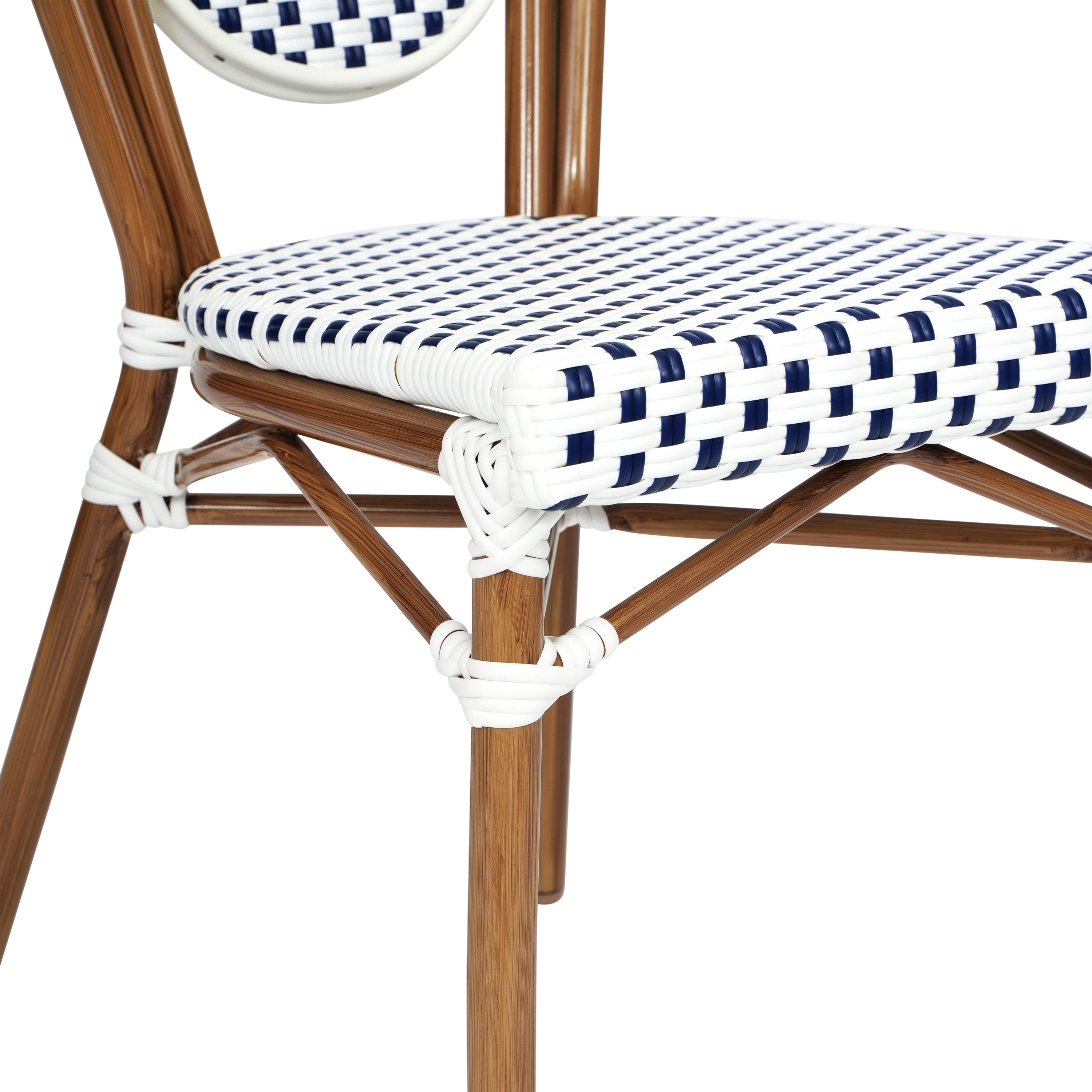 2 Pack Lourdes Indoor/Outdoor Commercial Thonet Bistro Stacking Chair, White and Navy PE Rattan and Bamboo Print Aluminum Frame in Natural