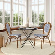 2 Pack Lourdes Indoor/Outdoor Commercial Thonet Bistro Stacking Chair, White and Navy PE Rattan and Bamboo Print Aluminum Frame in Natural