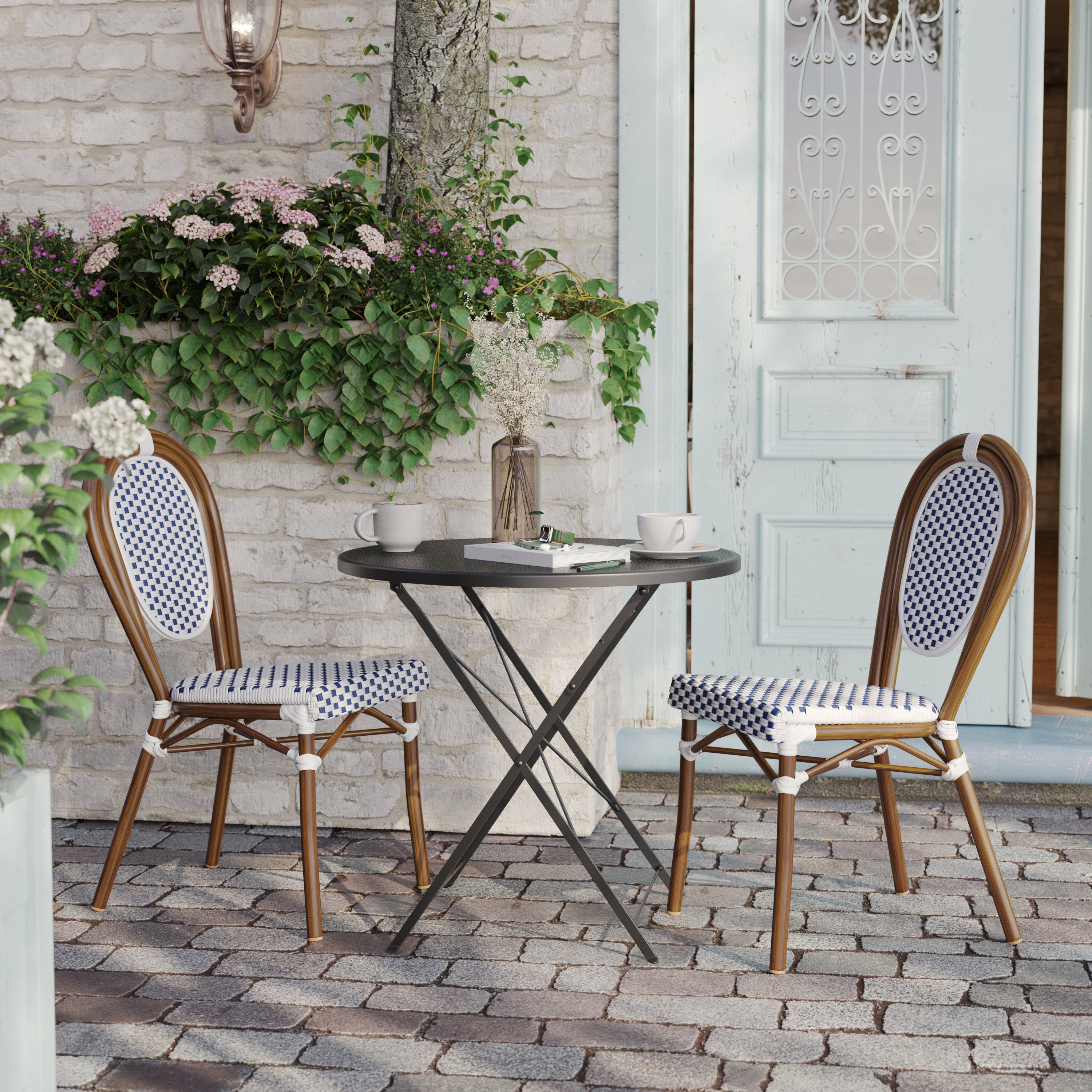2 Pack Lourdes Indoor/Outdoor Commercial Thonet Bistro Stacking Chair, White and Navy PE Rattan and Bamboo Print Aluminum Frame in Natural