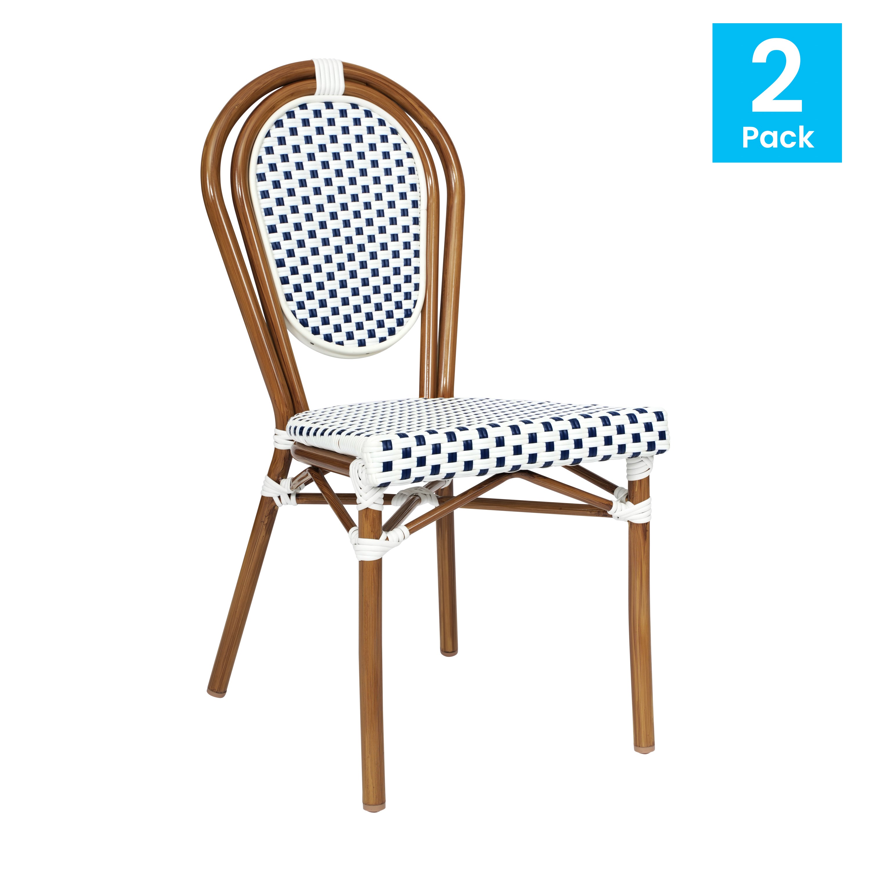 2 Pack Lourdes Indoor/Outdoor Commercial Thonet Bistro Stacking Chair, White and Navy PE Rattan and Bamboo Print Aluminum Frame in Natural