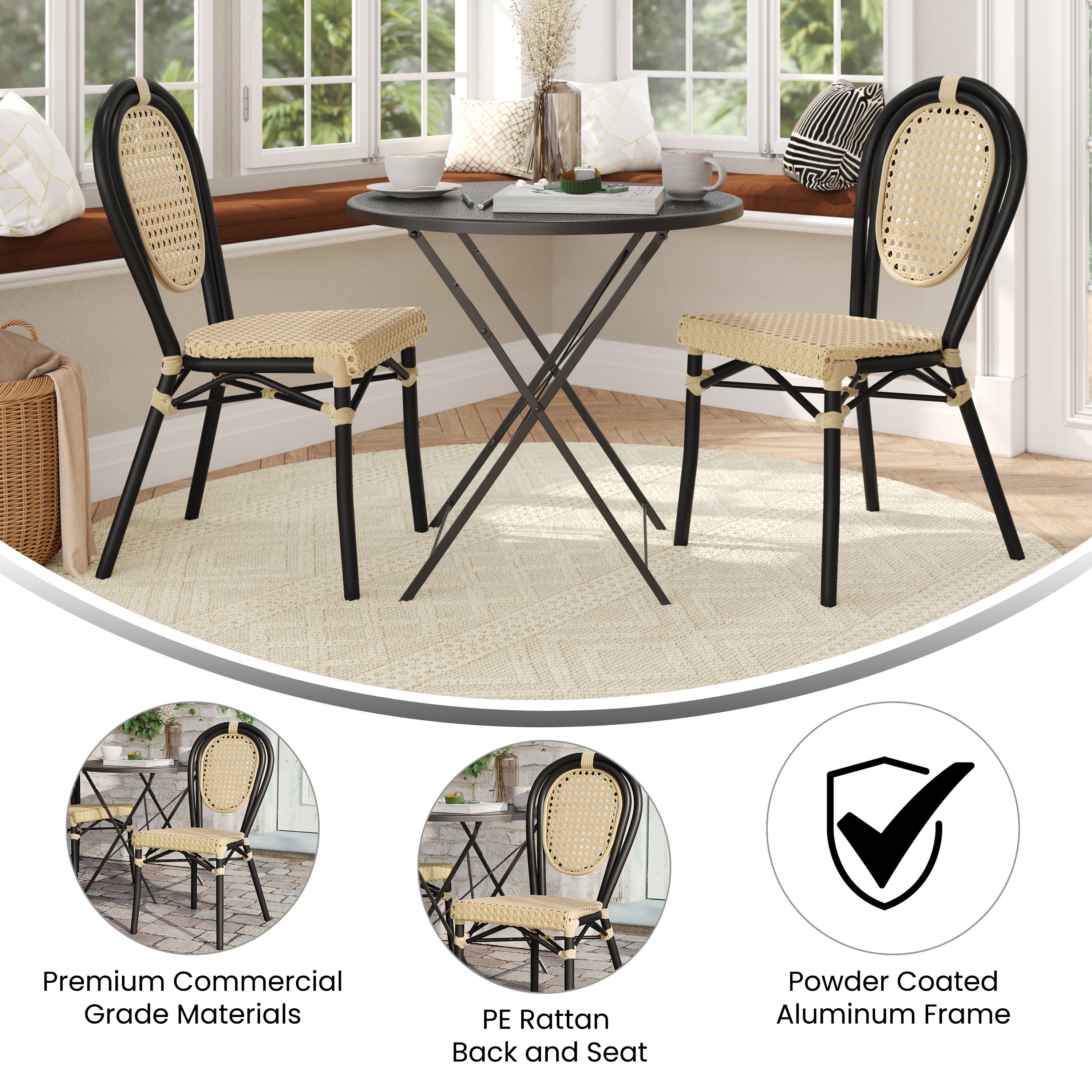 2 Pack Cannes Indoor/Outdoor Commercial Thonet Bistro Stacking Chair, Natural PE Cane Rattan and Black Aluminum Frame