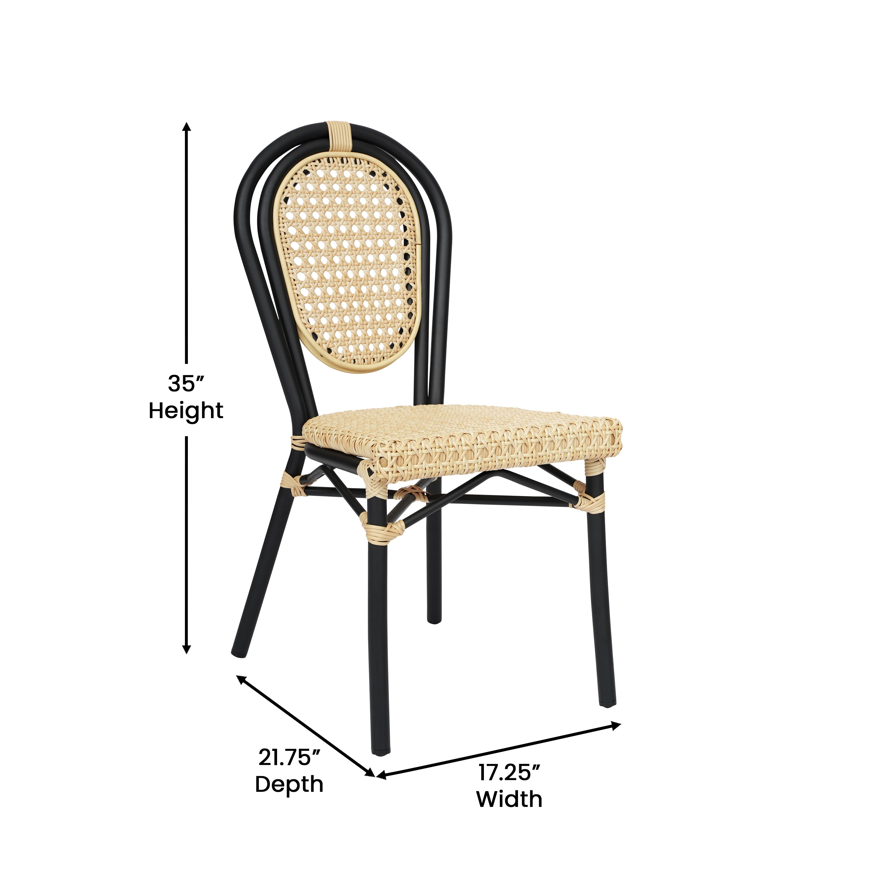 2 Pack Cannes Indoor/Outdoor Commercial Thonet Bistro Stacking Chair, Natural PE Cane Rattan and Black Aluminum Frame
