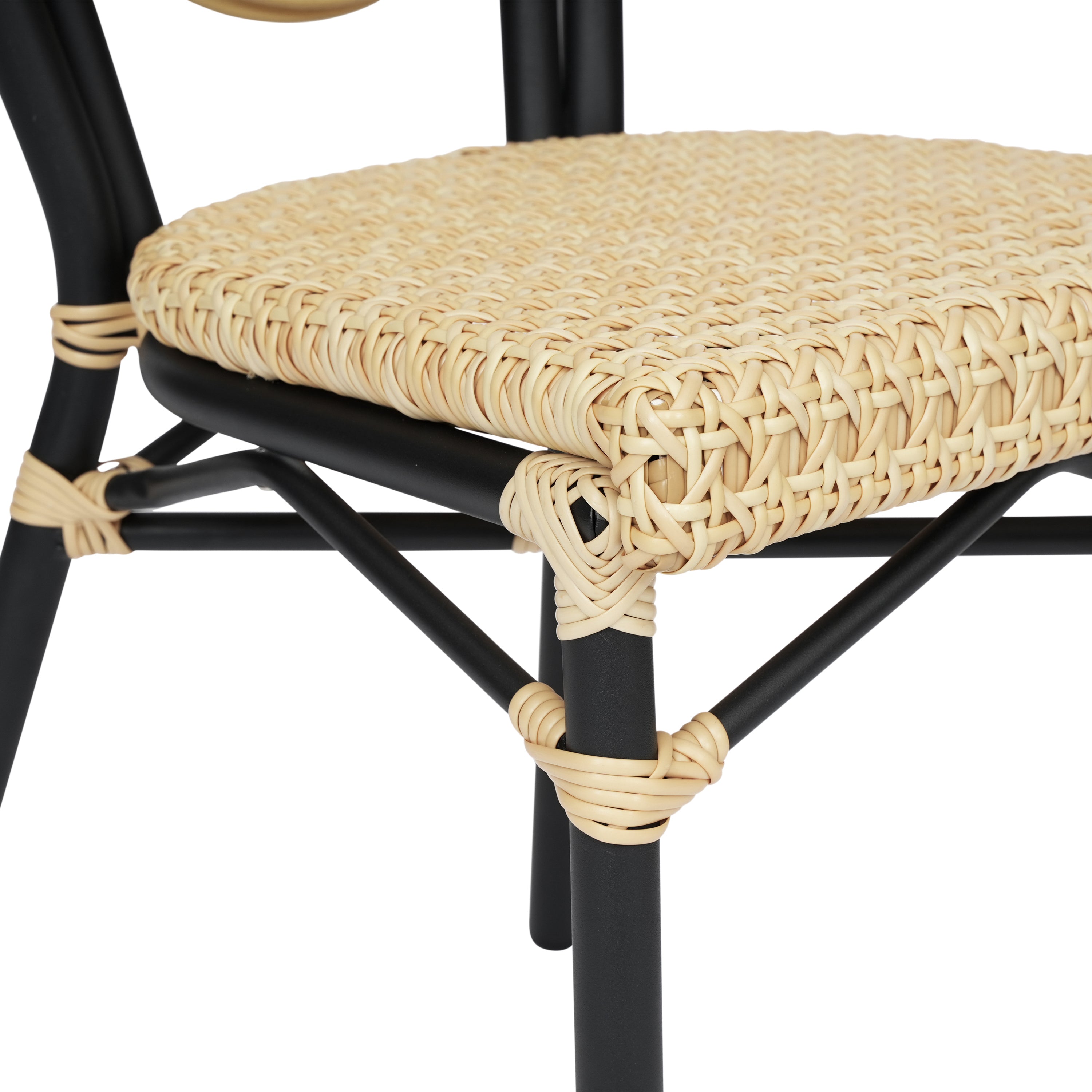 2 Pack Cannes Indoor/Outdoor Commercial Thonet Bistro Stacking Chair, Natural PE Cane Rattan and Black Aluminum Frame