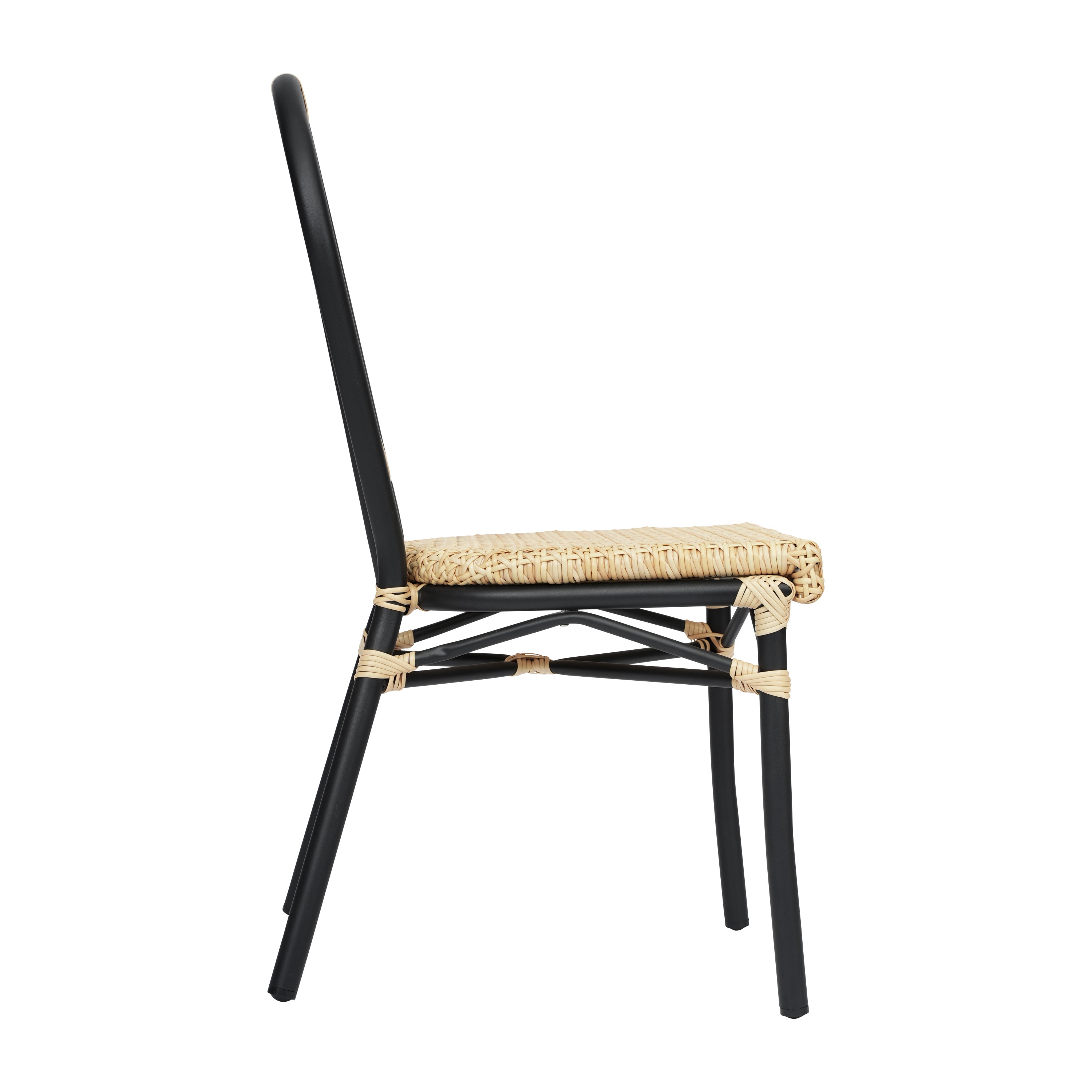 2 Pack Cannes Indoor/Outdoor Commercial Thonet Bistro Stacking Chair, Natural PE Cane Rattan and Black Aluminum Frame