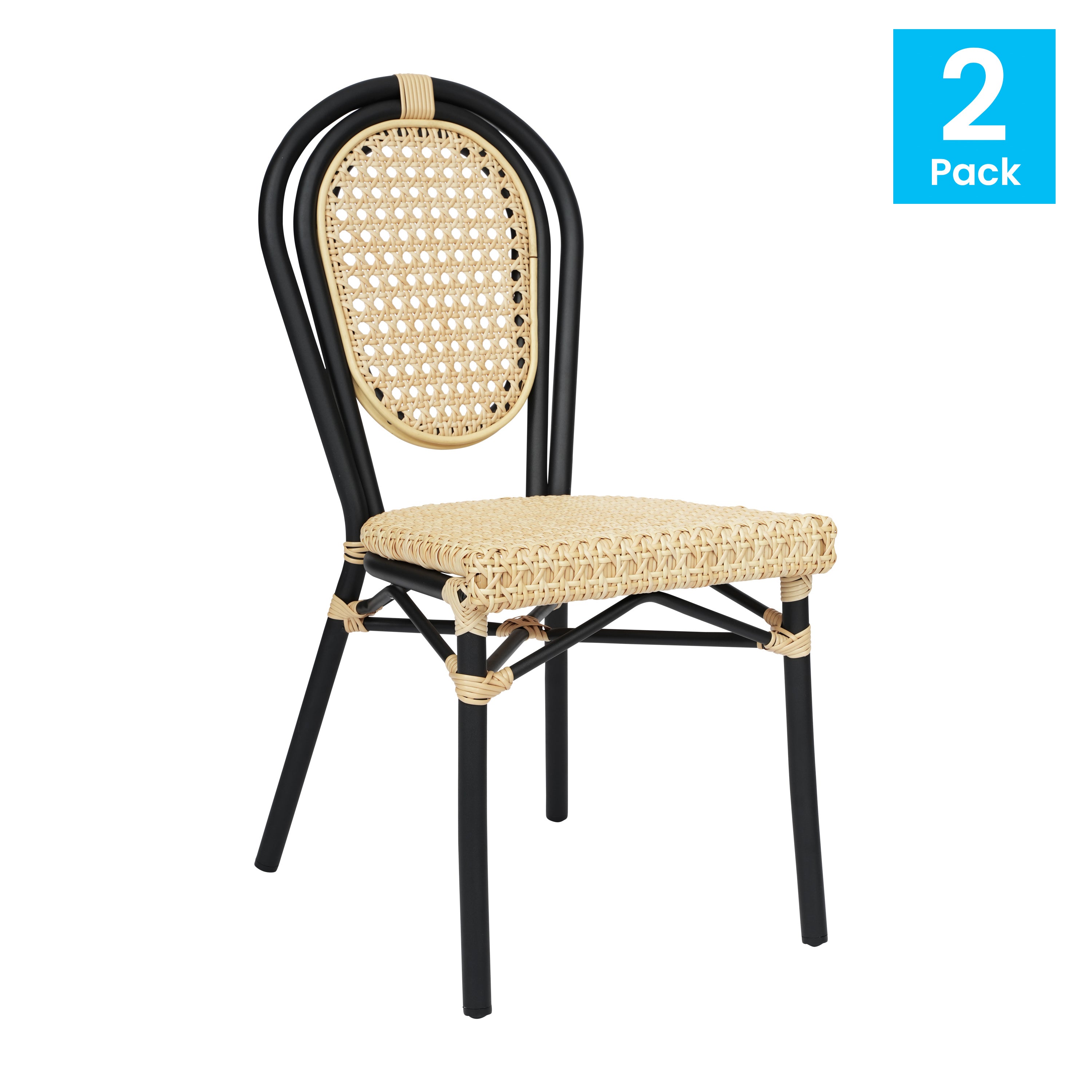 2 Pack Cannes Indoor/Outdoor Commercial Thonet Bistro Stacking Chair, Natural PE Cane Rattan and Black Aluminum Frame