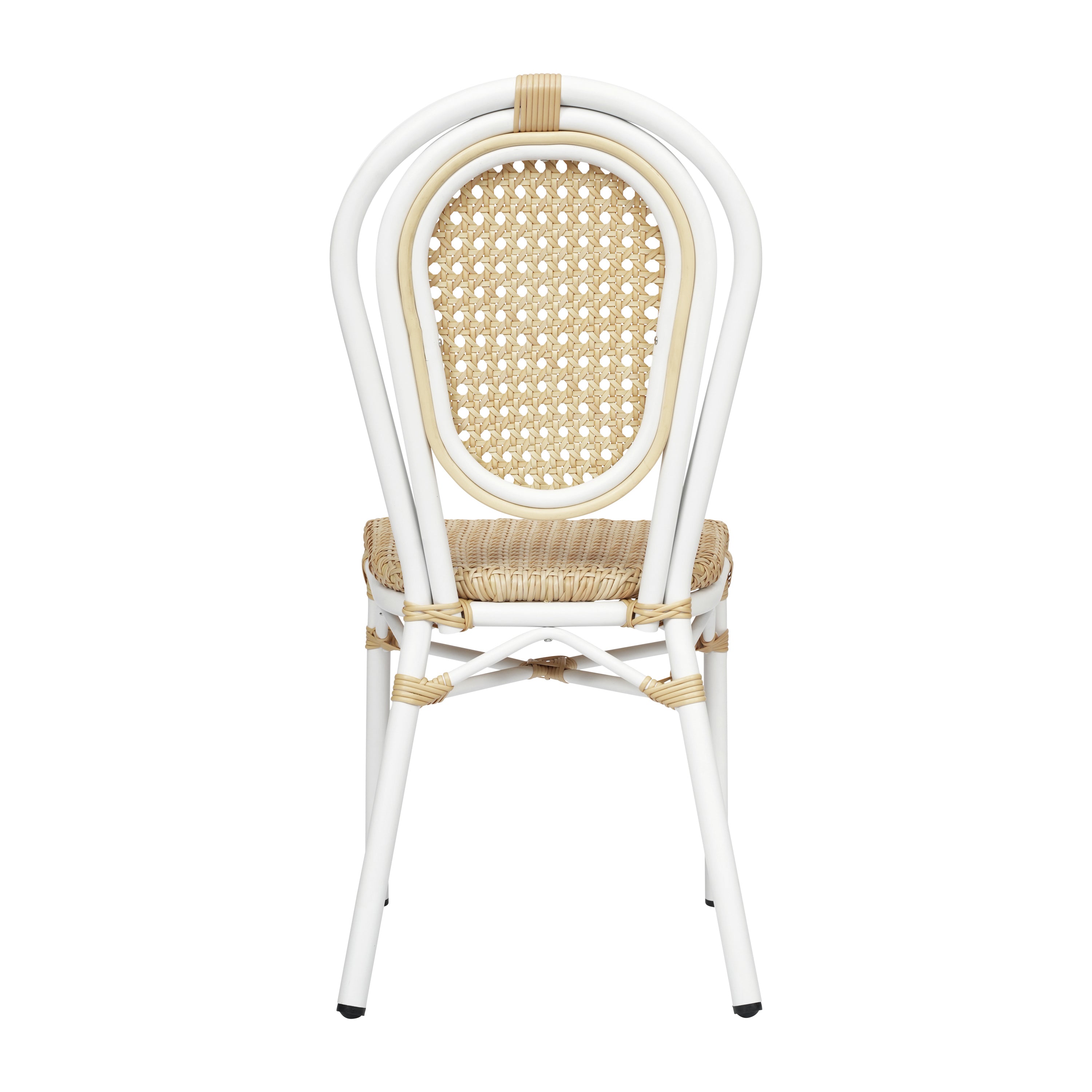2 Pack Cannes Indoor/Outdoor Commercial Thonet Bistro Stacking Chair, Natural PE Cane Rattan and White Aluminum Frame