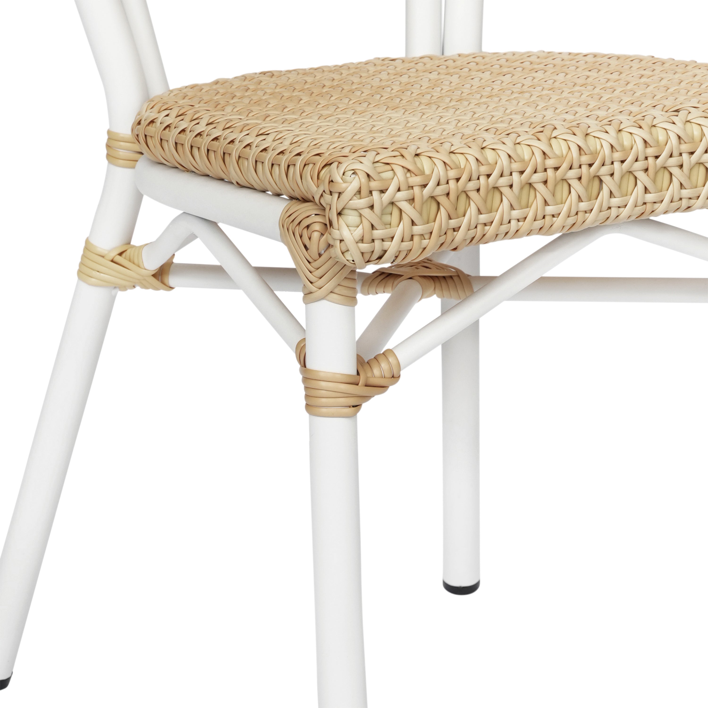 2 Pack Cannes Indoor/Outdoor Commercial Thonet Bistro Stacking Chair, Natural PE Cane Rattan and White Aluminum Frame
