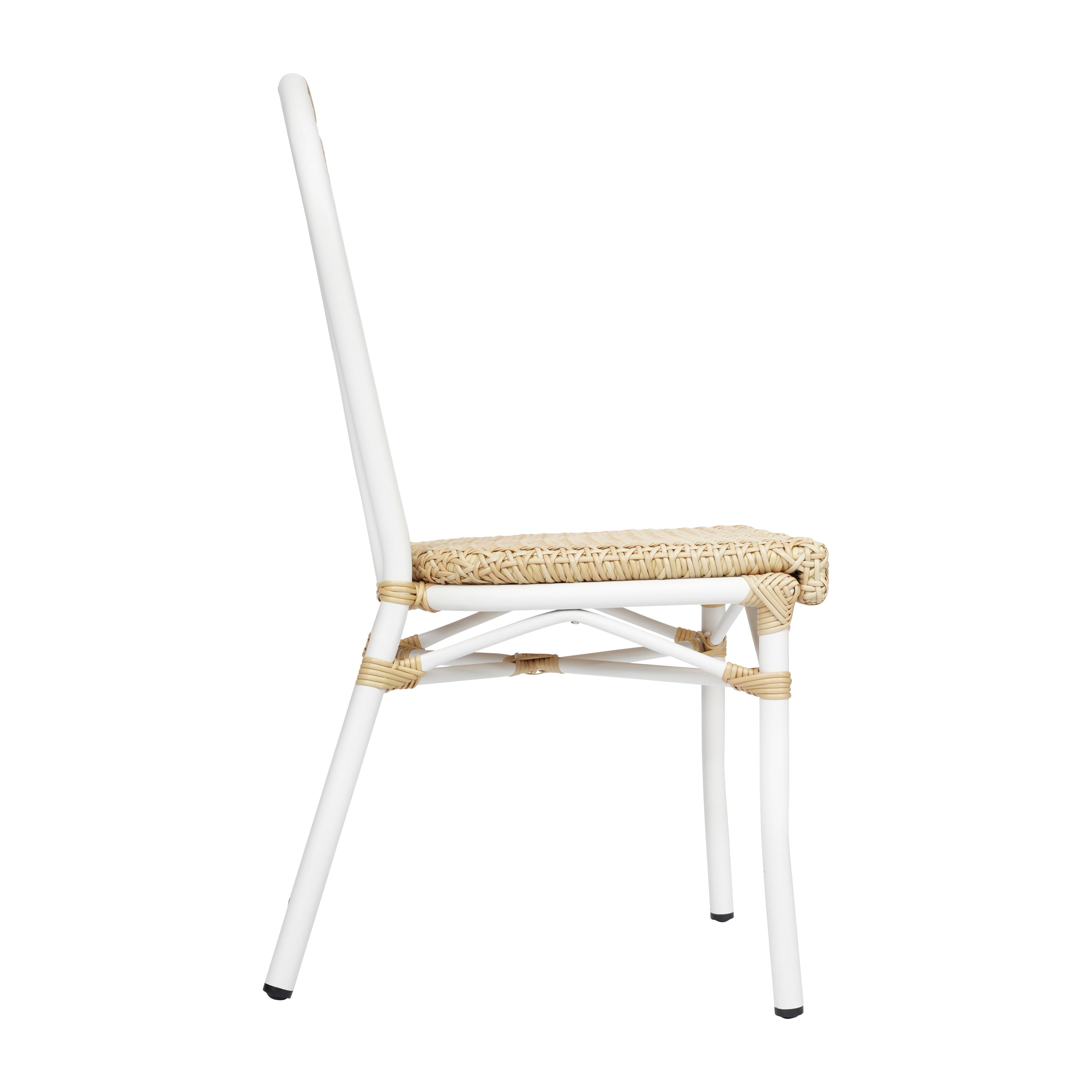 2 Pack Cannes Indoor/Outdoor Commercial Thonet Bistro Stacking Chair, Natural PE Cane Rattan and White Aluminum Frame