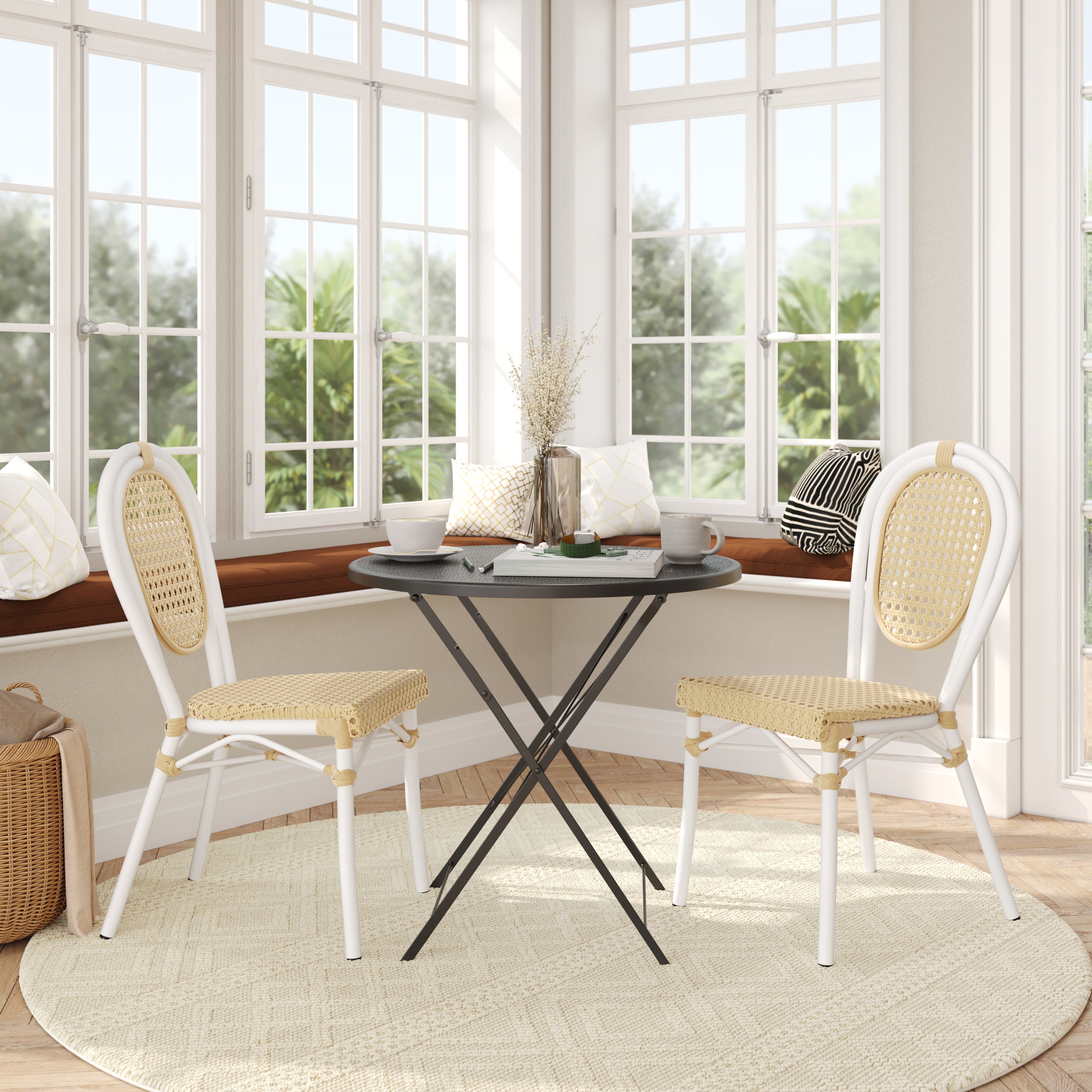 2 Pack Cannes Indoor/Outdoor Commercial Thonet Bistro Stacking Chair, Natural PE Cane Rattan and White Aluminum Frame