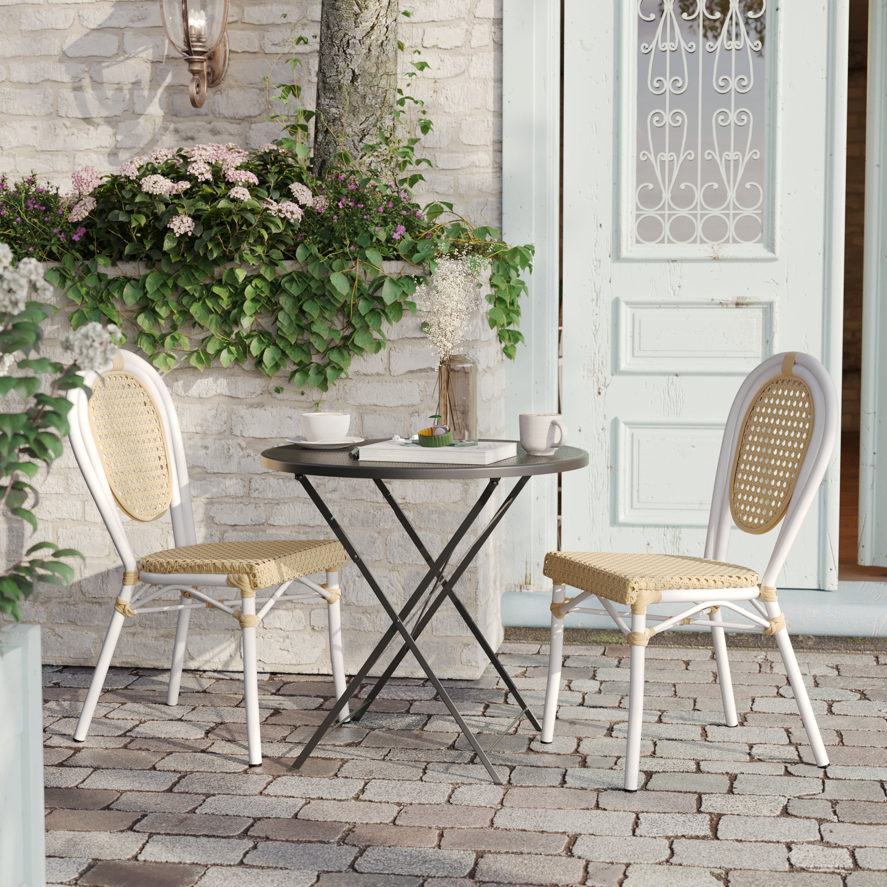2 Pack Cannes Indoor/Outdoor Commercial Thonet Bistro Stacking Chair, Natural PE Cane Rattan and White Aluminum Frame
