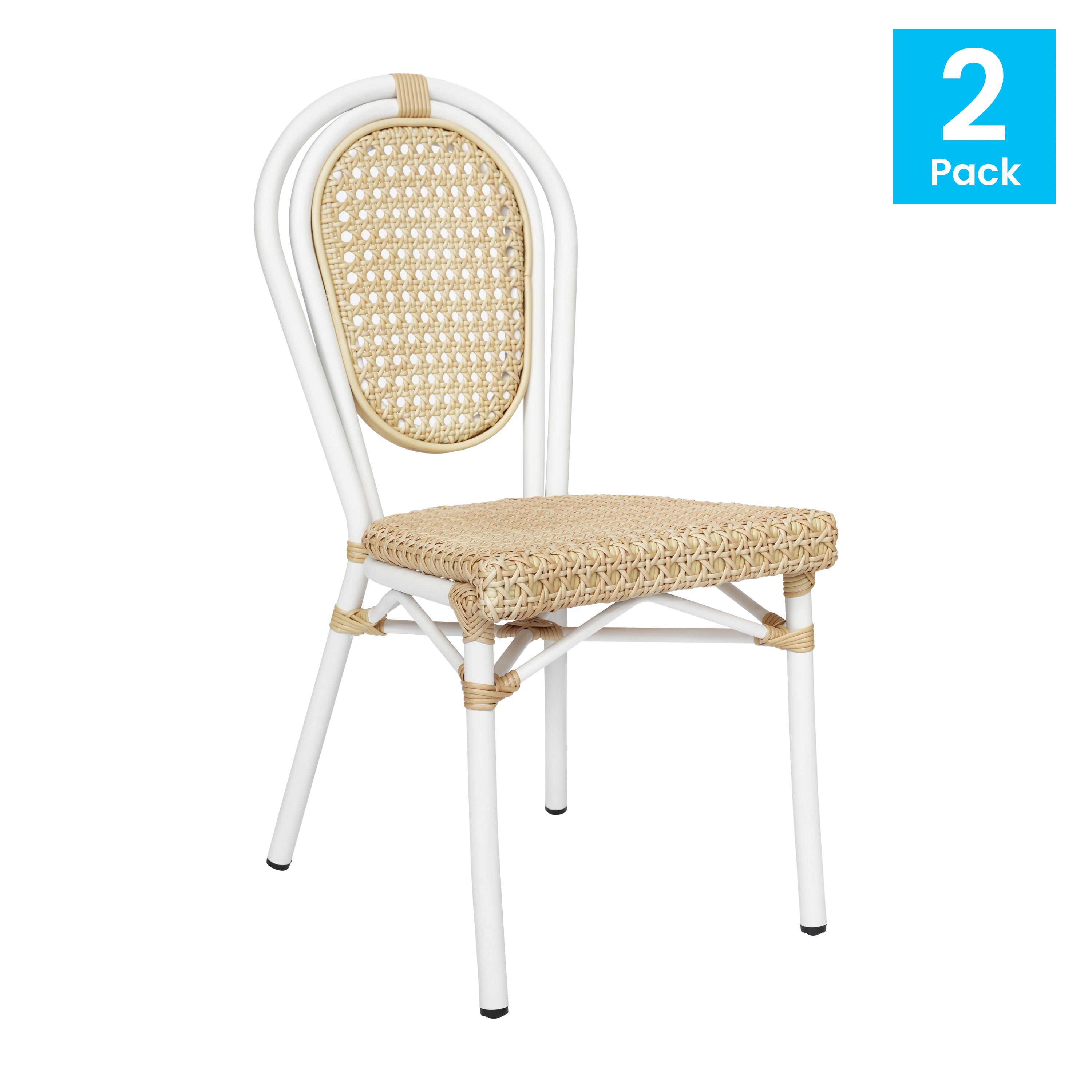 2 Pack Cannes Indoor/Outdoor Commercial Thonet Bistro Stacking Chair, Natural PE Cane Rattan and White Aluminum Frame