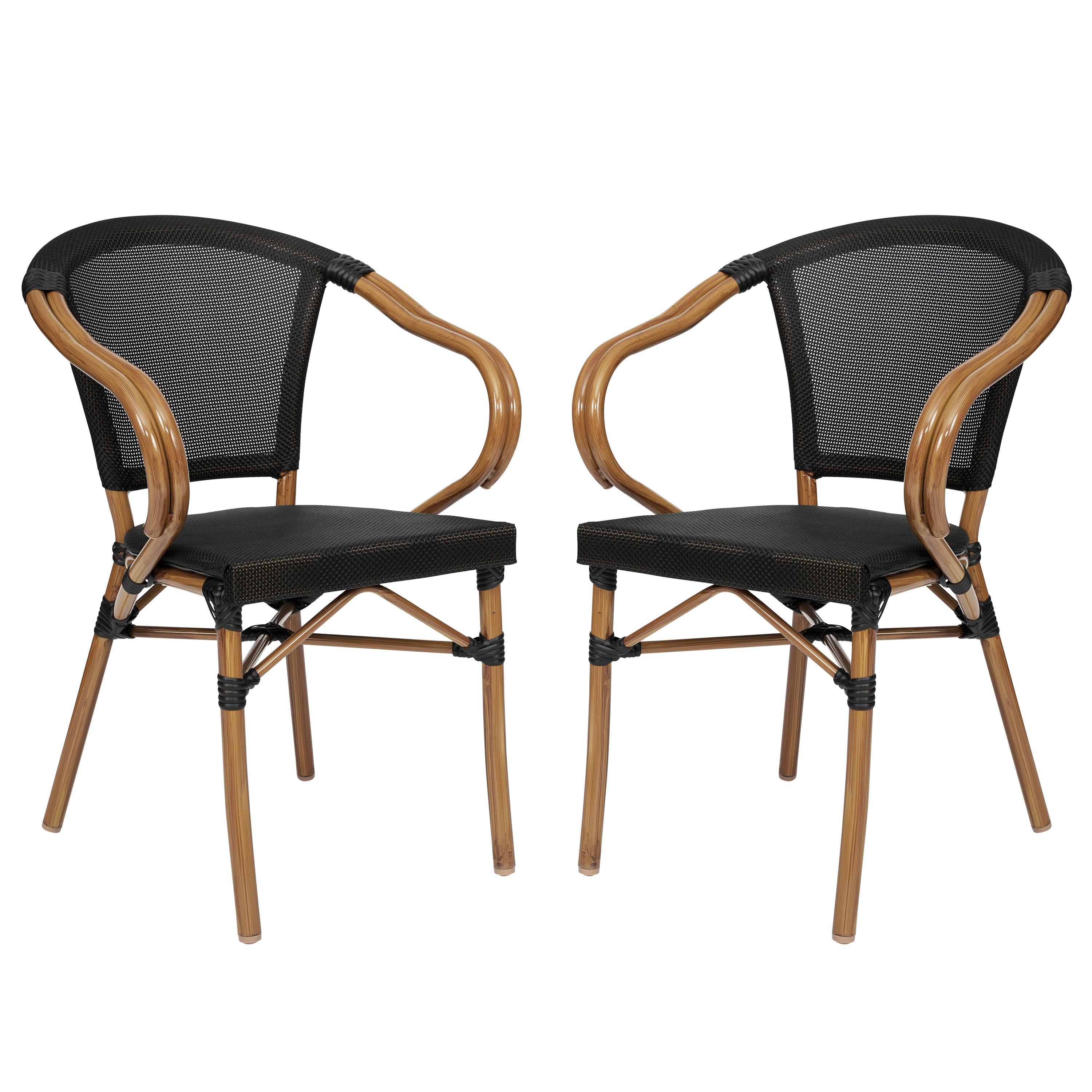 2 Pack Marseille Indoor/Outdoor Commercial Bistro Stacking Chair with Arms, Black Textilene and Bamboo Print Aluminum Frame in Natural