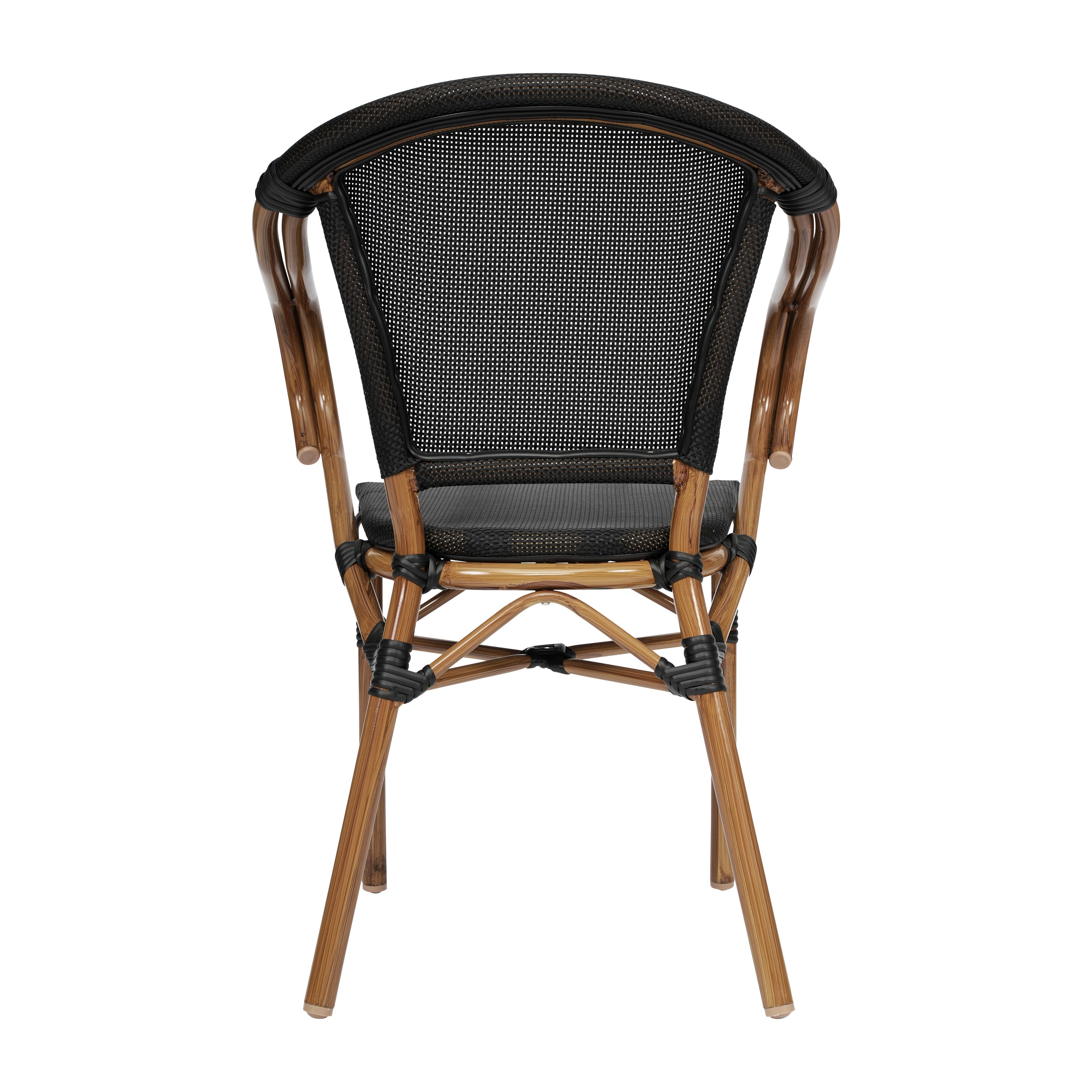 2 Pack Marseille Indoor/Outdoor Commercial Bistro Stacking Chair with Arms, Black Textilene and Bamboo Print Aluminum Frame in Natural