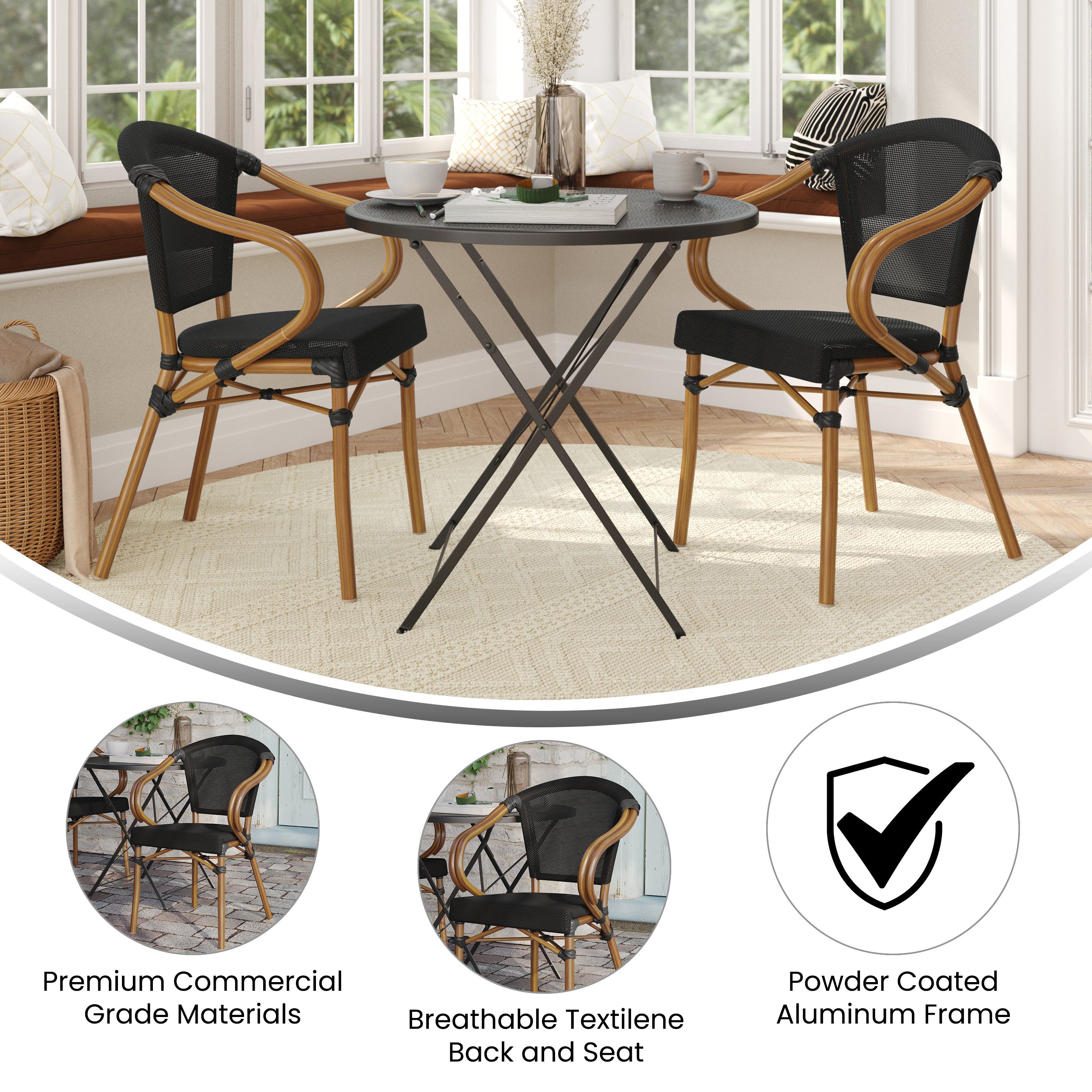 2 Pack Marseille Indoor/Outdoor Commercial Bistro Stacking Chair with Arms, Black Textilene and Bamboo Print Aluminum Frame in Natural