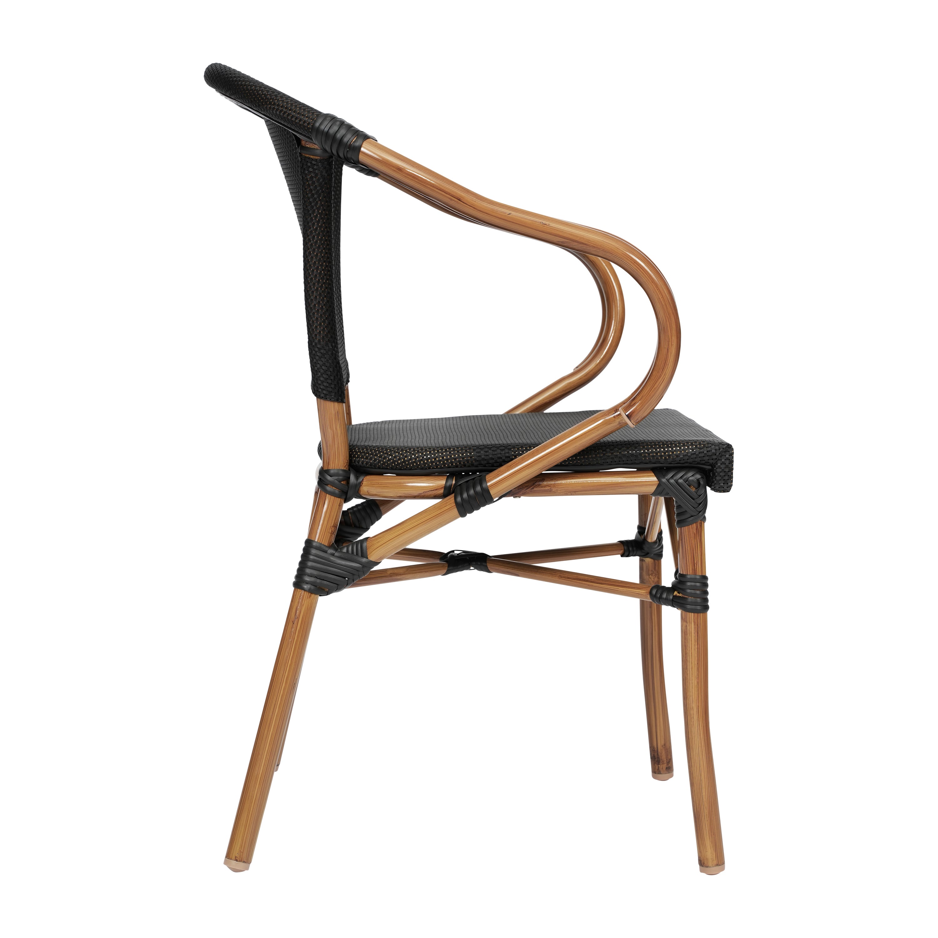 2 Pack Marseille Indoor/Outdoor Commercial Bistro Stacking Chair with Arms, Black Textilene and Bamboo Print Aluminum Frame in Natural