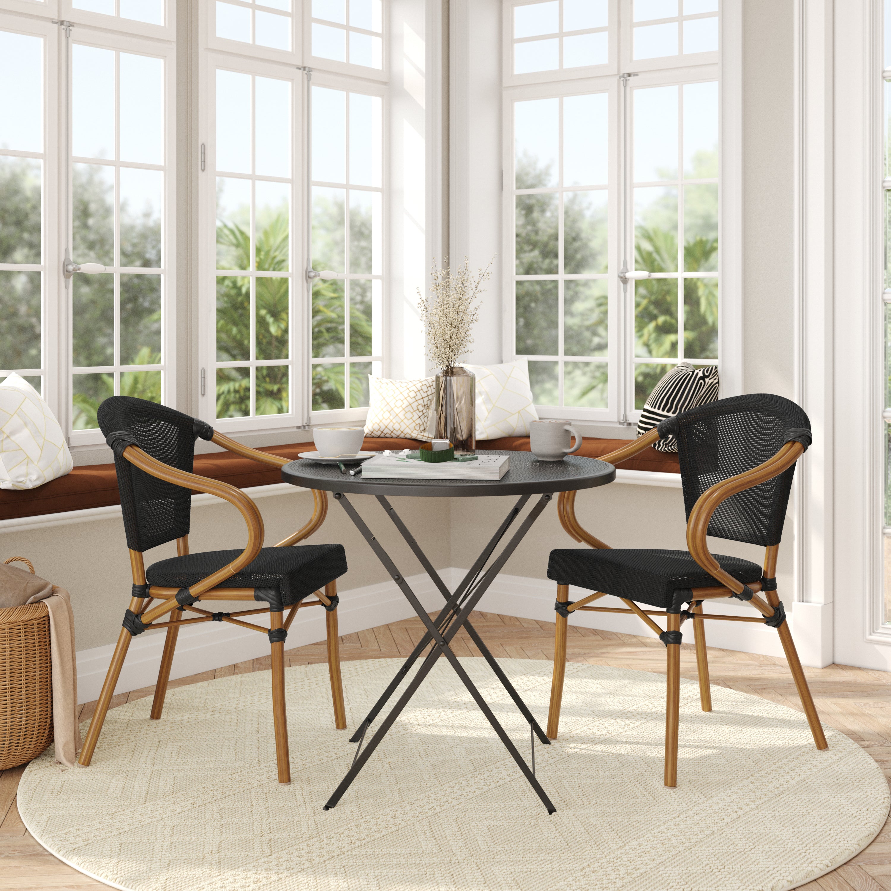2 Pack Marseille Indoor/Outdoor Commercial Bistro Stacking Chair with Arms, Black Textilene and Bamboo Print Aluminum Frame in Natural