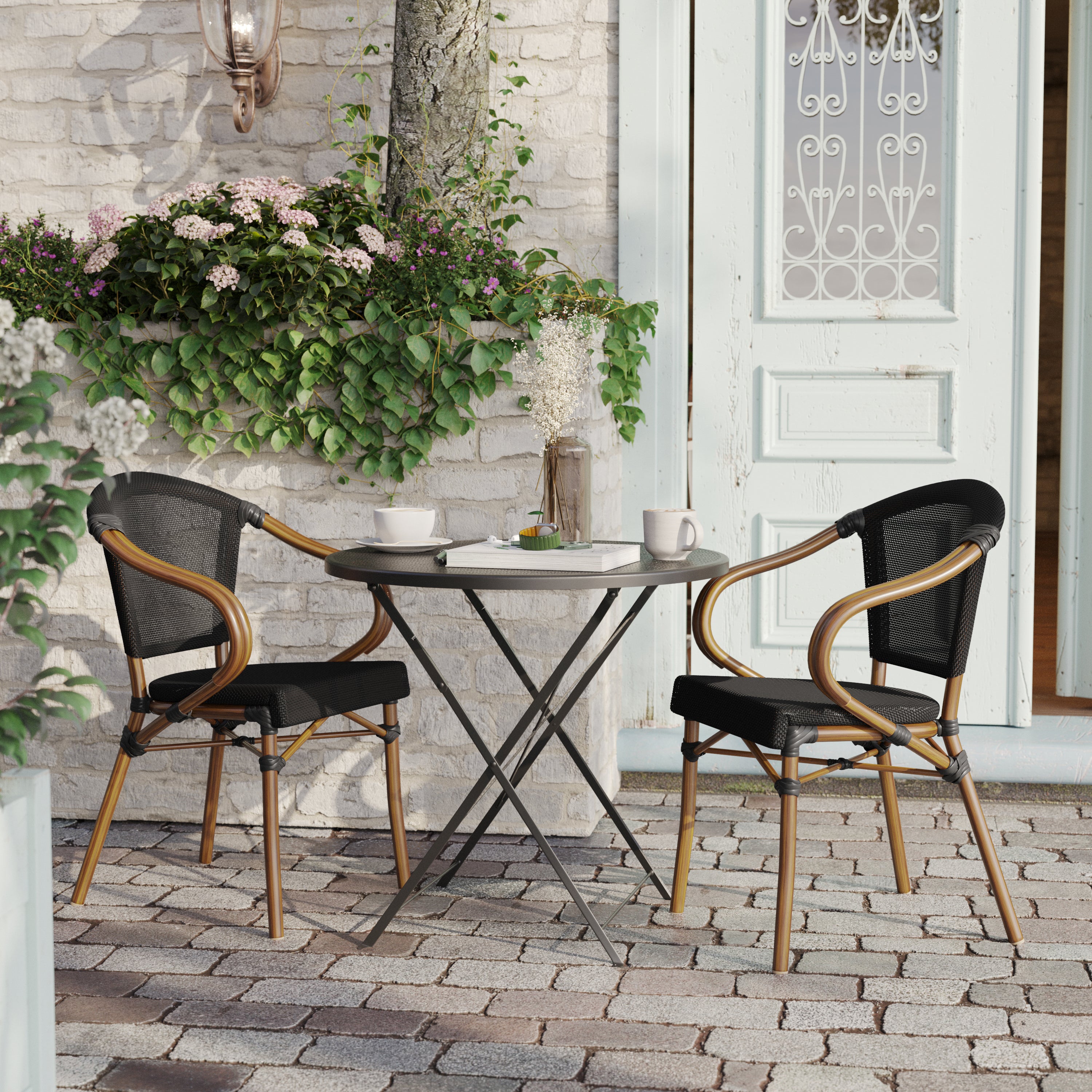 2 Pack Marseille Indoor/Outdoor Commercial Bistro Stacking Chair with Arms, Black Textilene and Bamboo Print Aluminum Frame in Natural