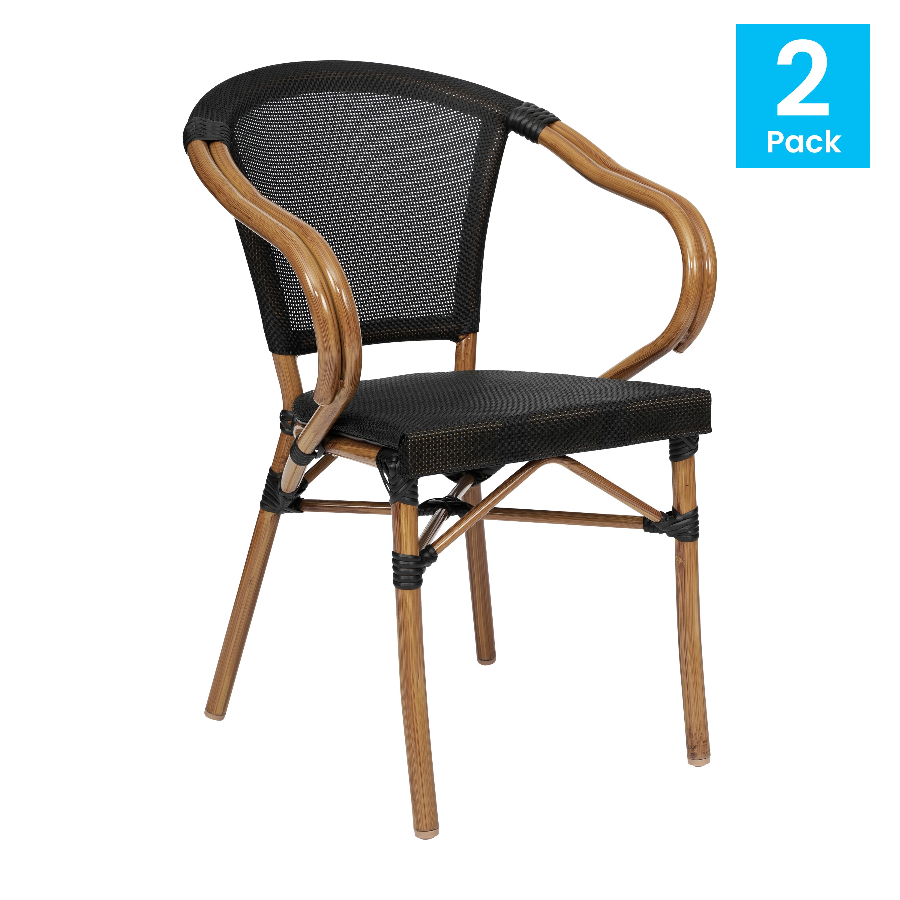 2 Pack Marseille Indoor/Outdoor Commercial Bistro Stacking Chair with Arms, Black Textilene and Bamboo Print Aluminum Frame in Natural