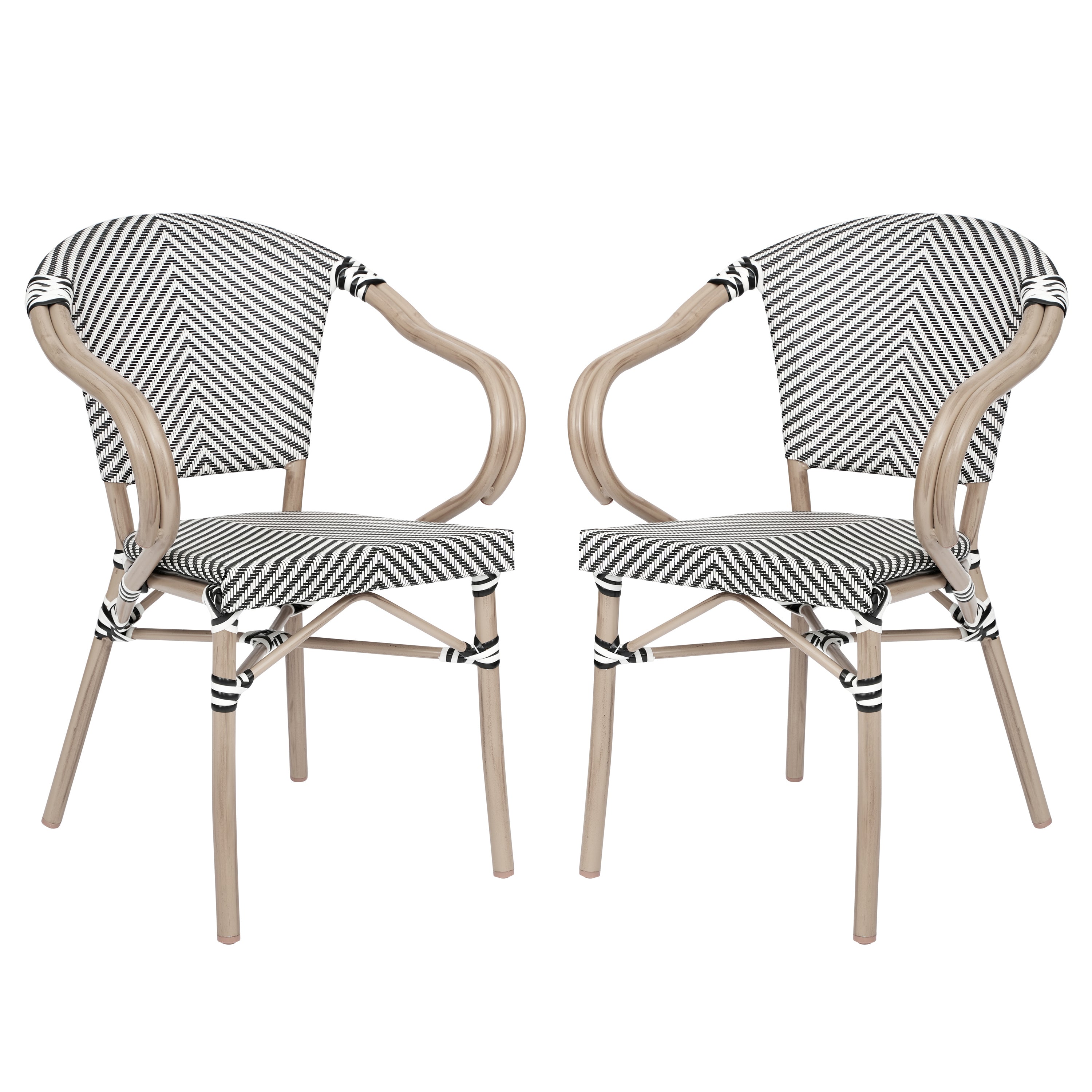 2 Pack Marseille Indoor/Outdoor Commercial Bistro Stacking Chair with Arms, Black/White Textilene and Bamboo Aluminum Frame in LT Natural