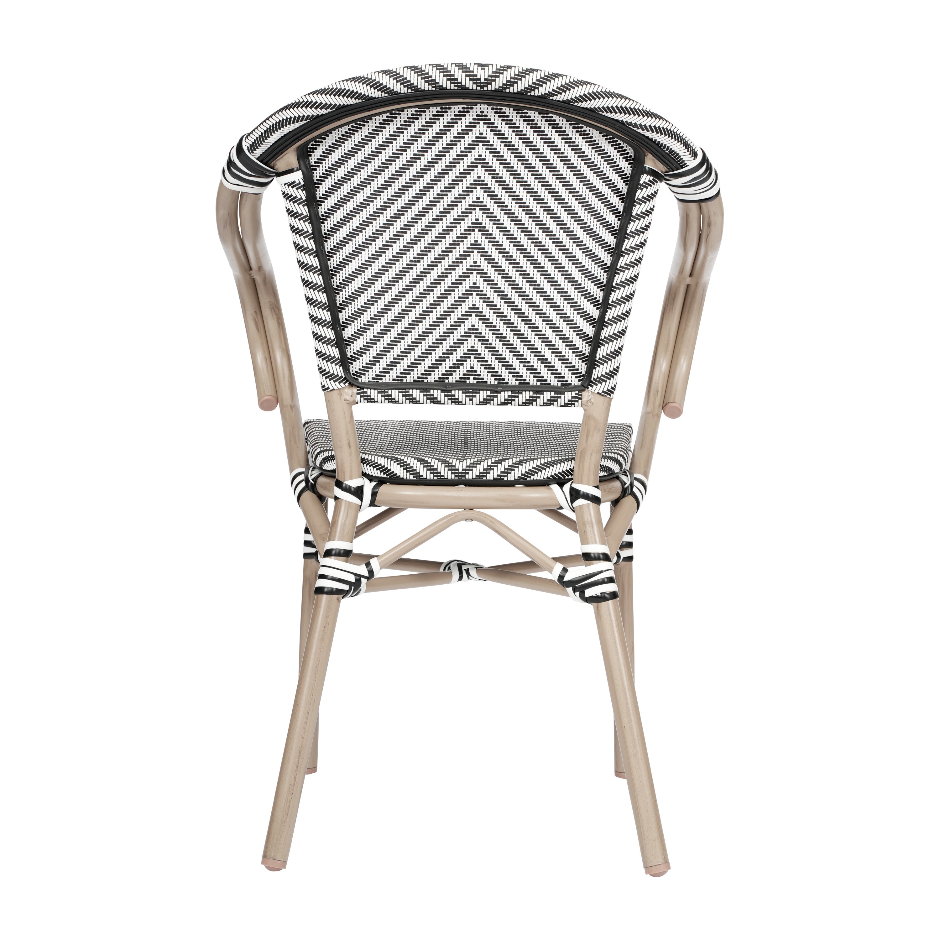 2 Pack Marseille Indoor/Outdoor Commercial Bistro Stacking Chair with Arms, Black/White Textilene and Bamboo Aluminum Frame in LT Natural