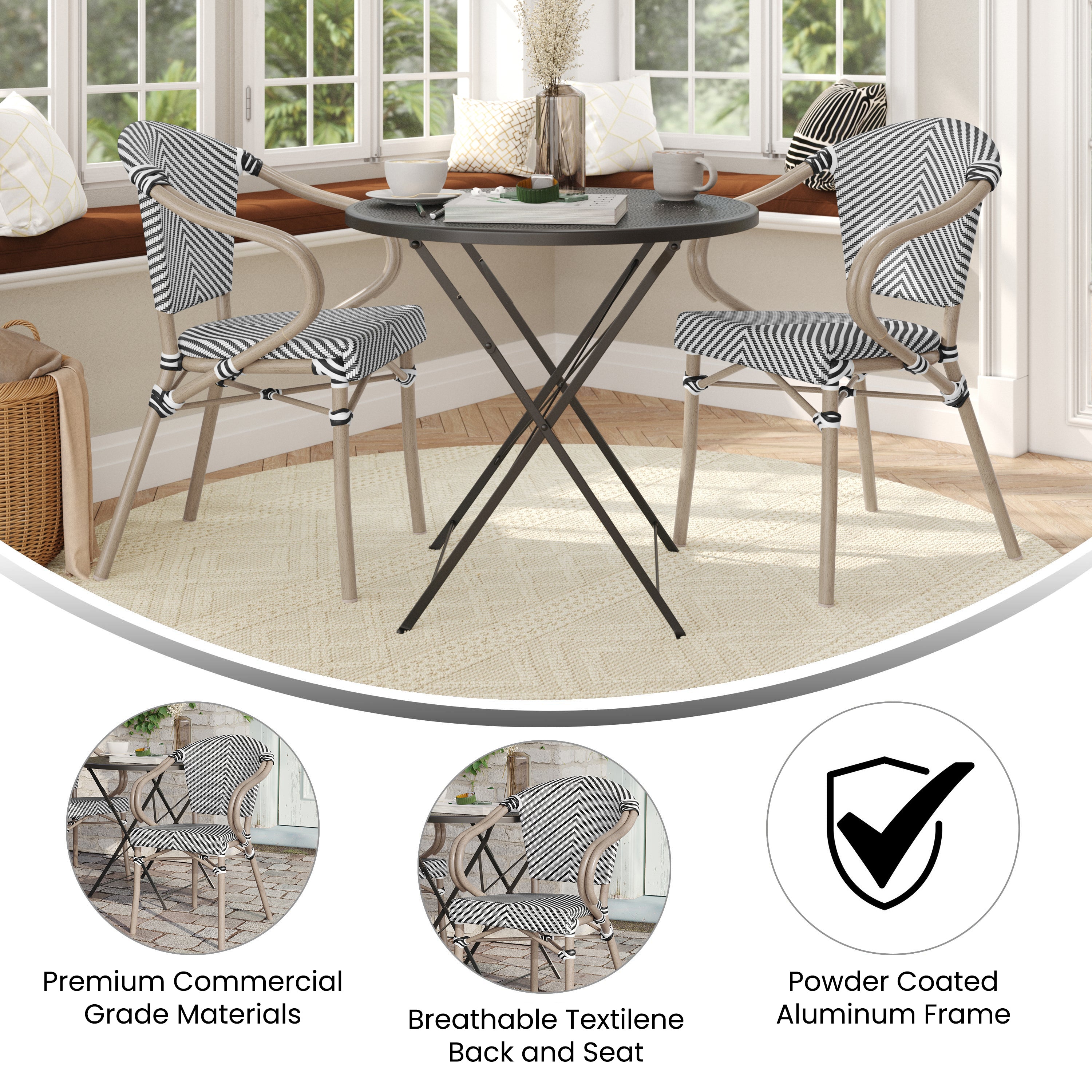 2 Pack Marseille Indoor/Outdoor Commercial Bistro Stacking Chair with Arms, Black/White Textilene and Bamboo Aluminum Frame in LT Natural