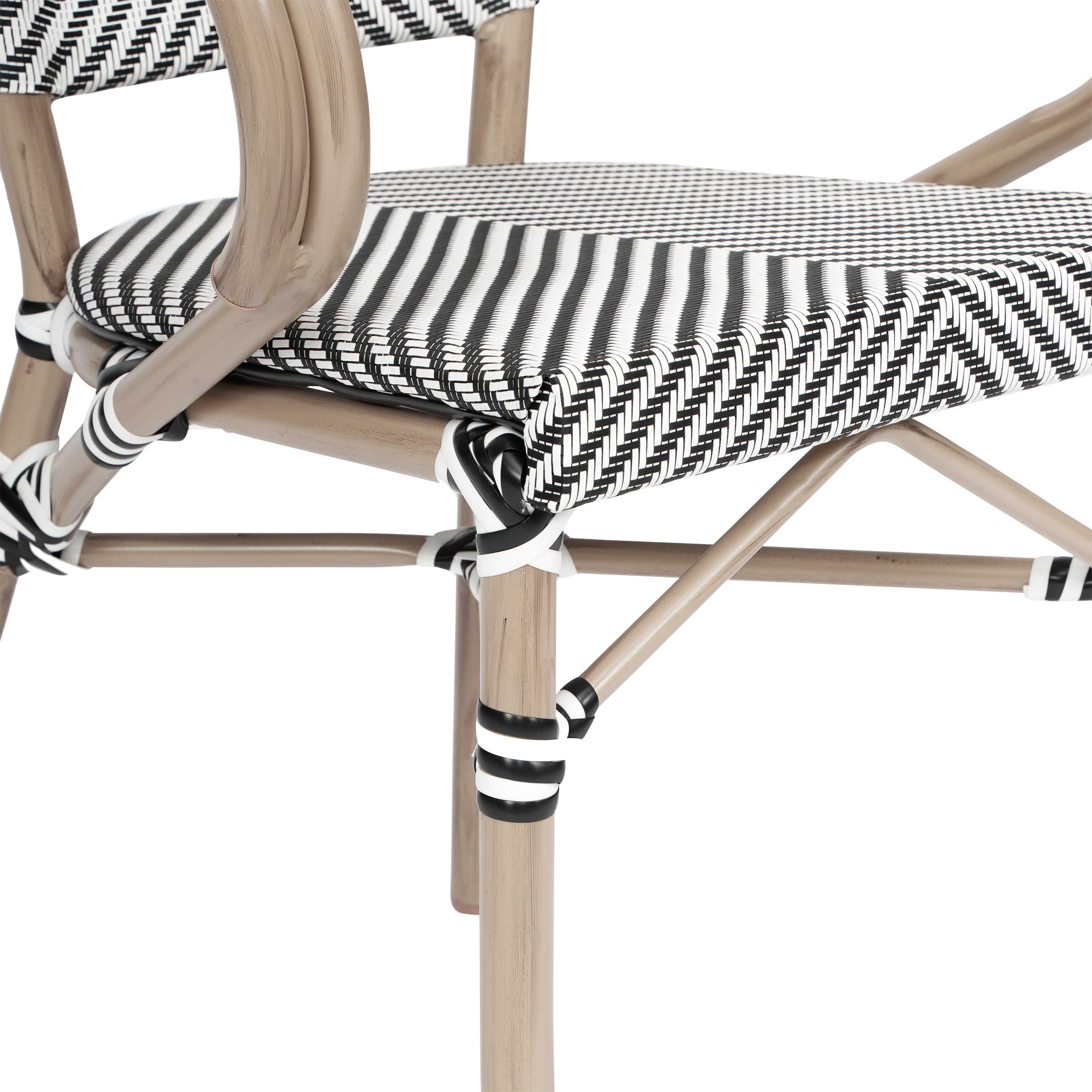 2 Pack Marseille Indoor/Outdoor Commercial Bistro Stacking Chair with Arms, Black/White Textilene and Bamboo Aluminum Frame in LT Natural
