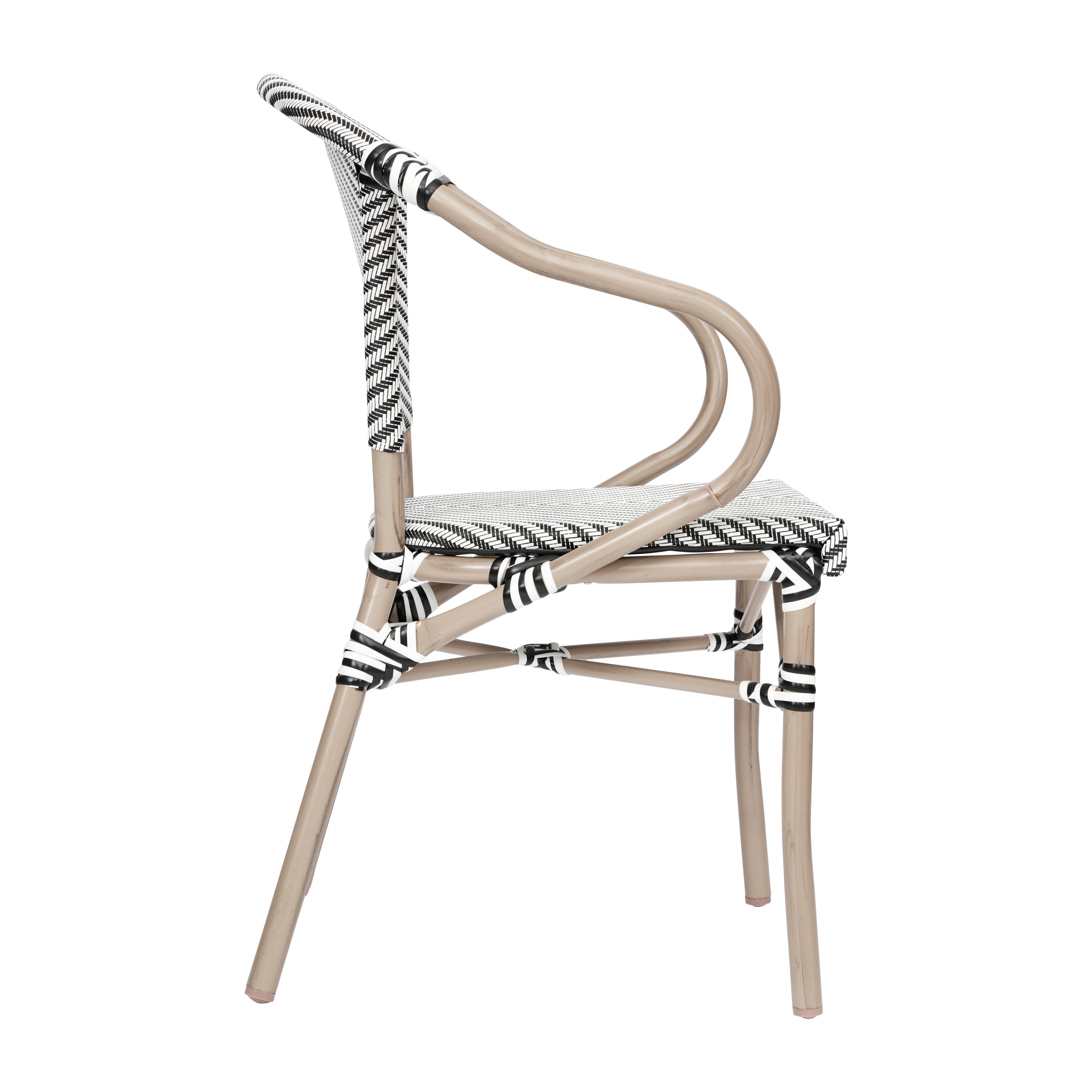 2 Pack Marseille Indoor/Outdoor Commercial Bistro Stacking Chair with Arms, Black/White Textilene and Bamboo Aluminum Frame in LT Natural
