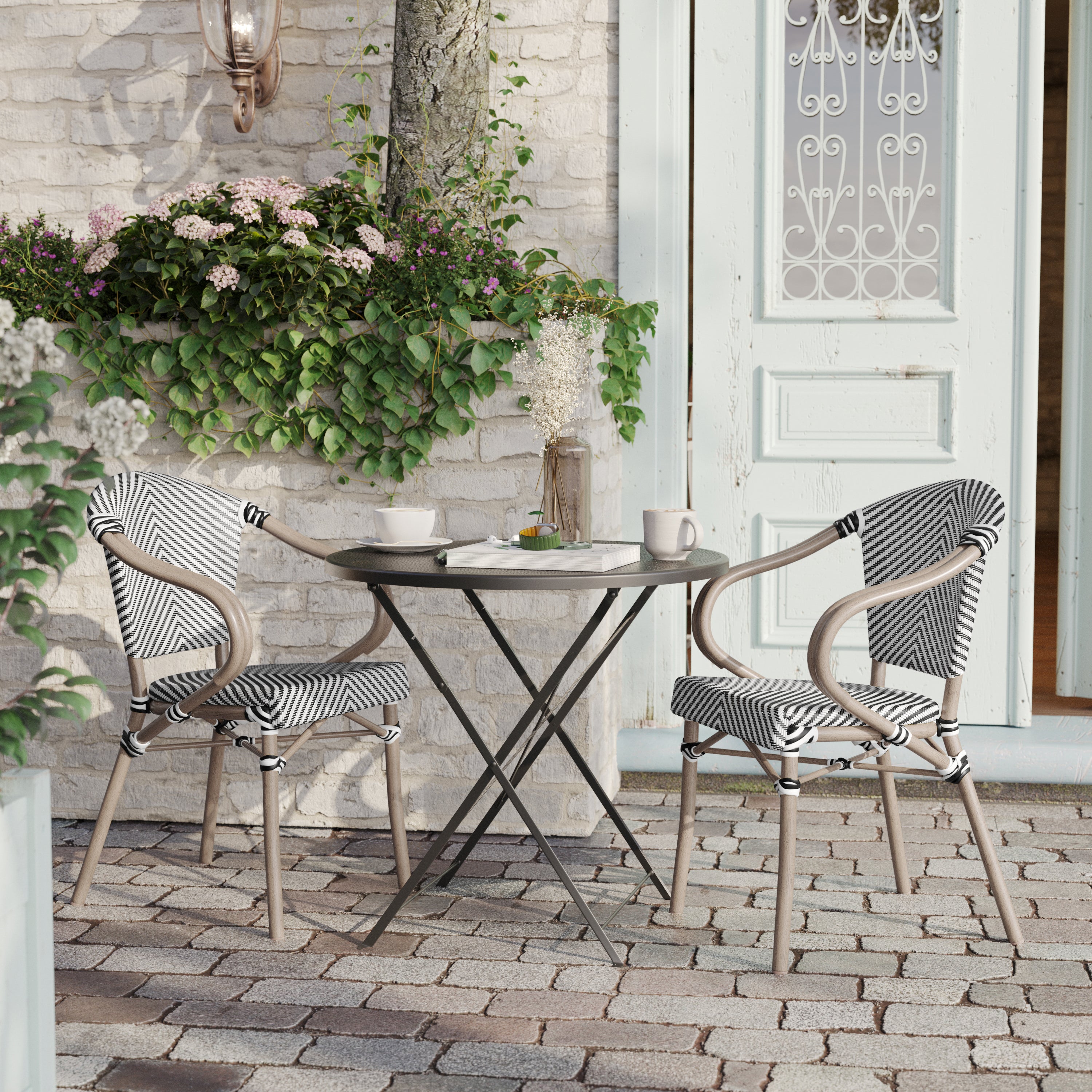 2 Pack Marseille Indoor/Outdoor Commercial Bistro Stacking Chair with Arms, Black/White Textilene and Bamboo Aluminum Frame in LT Natural
