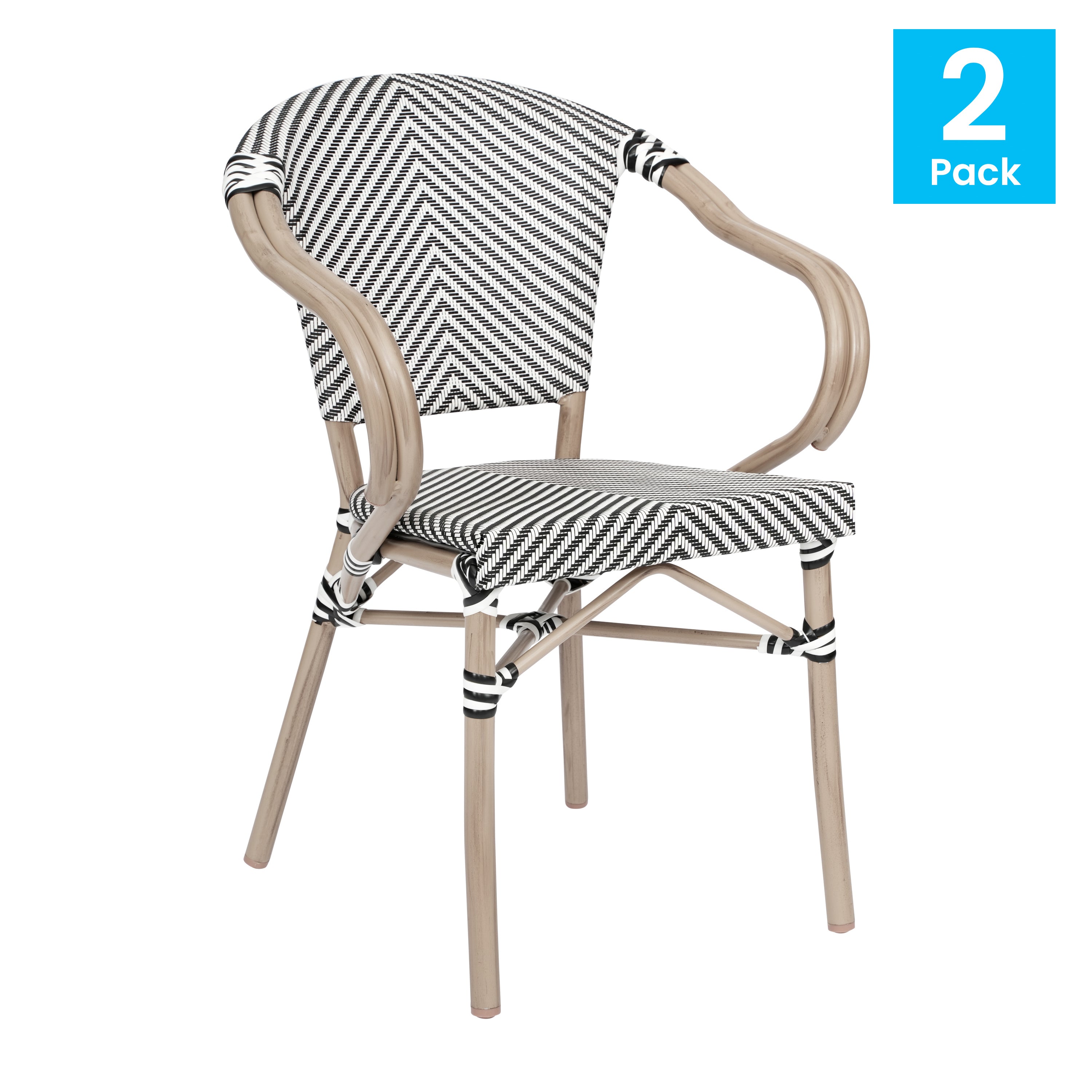 2 Pack Marseille Indoor/Outdoor Commercial Bistro Stacking Chair with Arms, Black/White Textilene and Bamboo Aluminum Frame in LT Natural