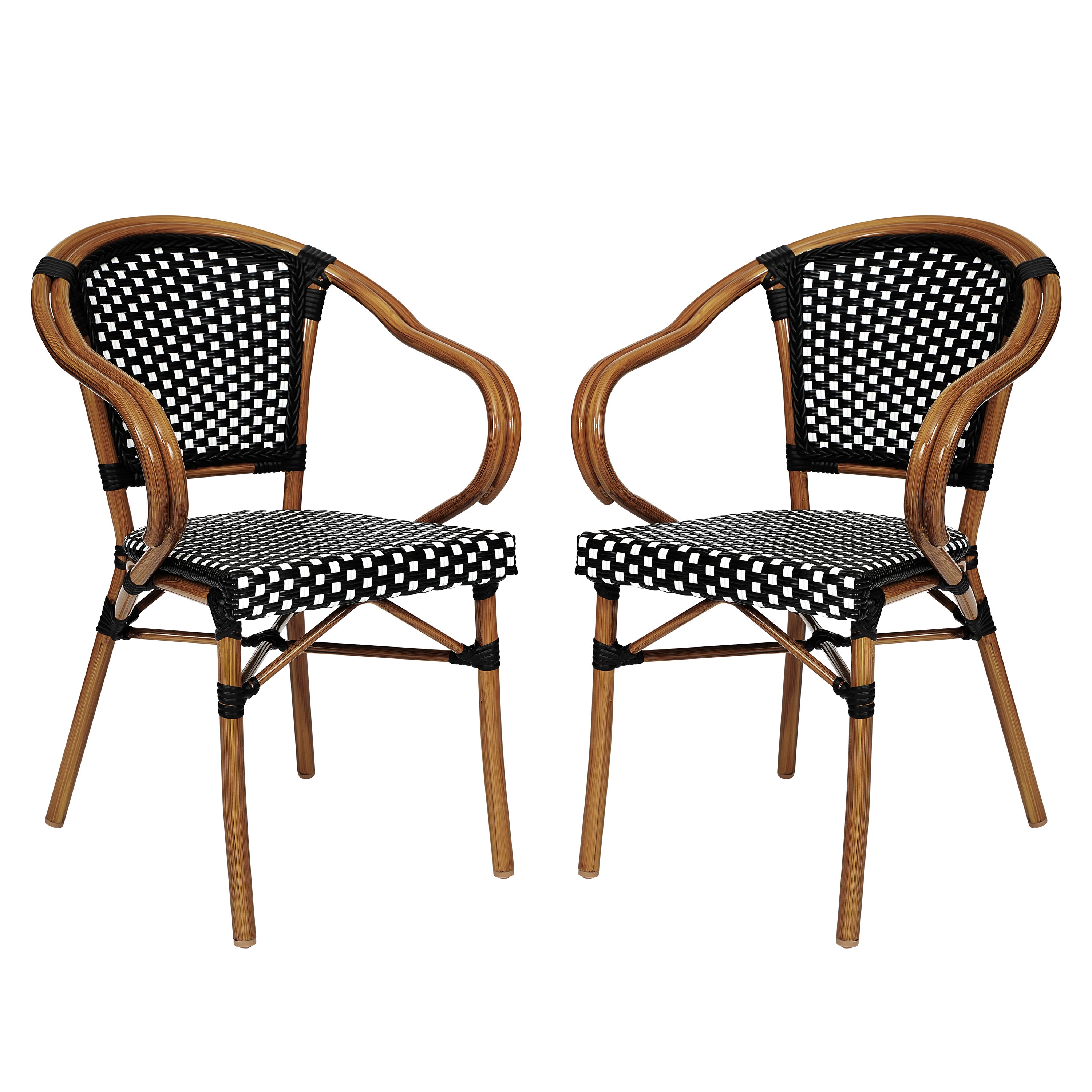 2 Pack Bordeaux Indoor/Outdoor Commercial Bistro Stacking Chair with Arms, Black and White PE Rattan and Bamboo Print Aluminum Frame in Natural