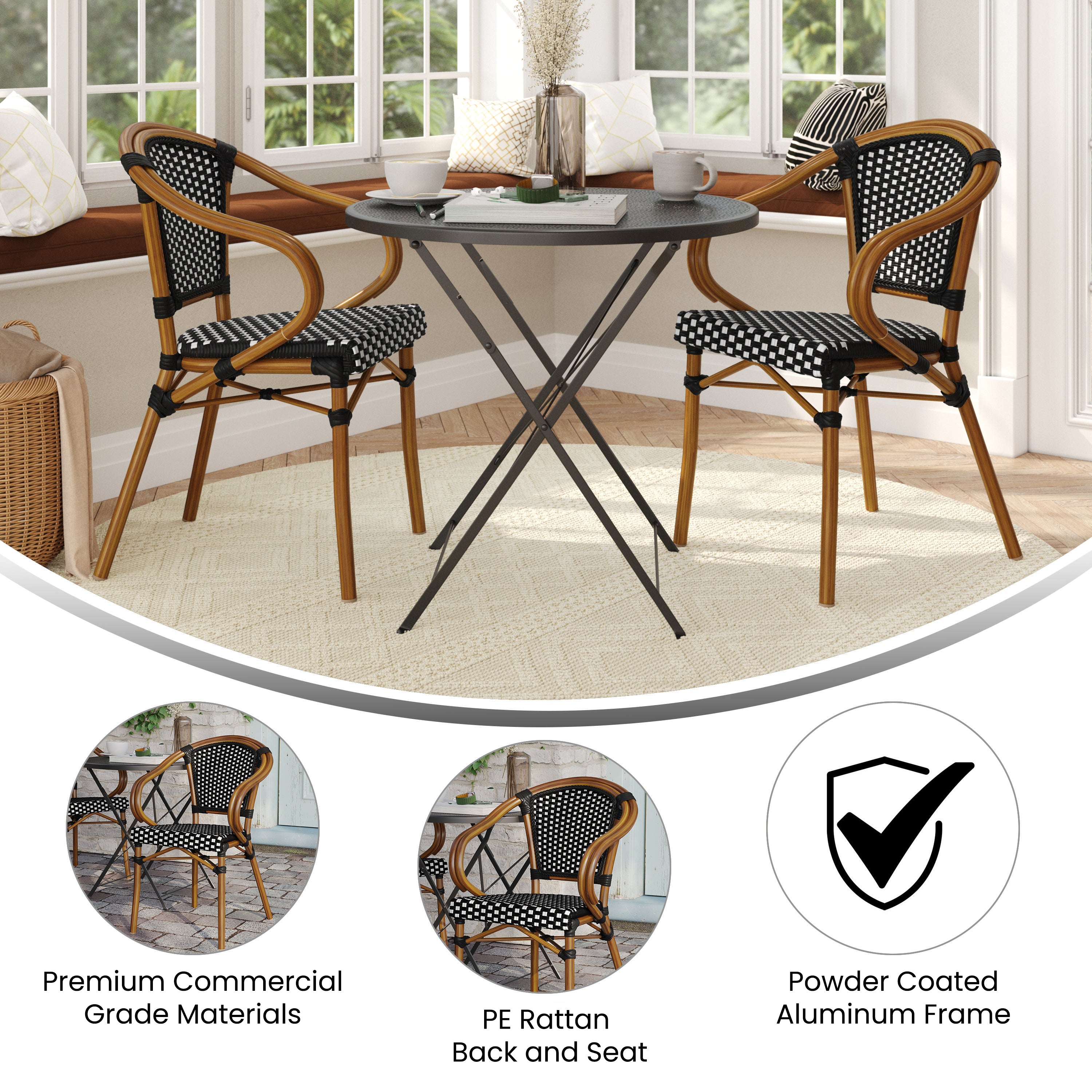 2 Pack Bordeaux Indoor/Outdoor Commercial Bistro Stacking Chair with Arms, Black and White PE Rattan and Bamboo Print Aluminum Frame in Natural