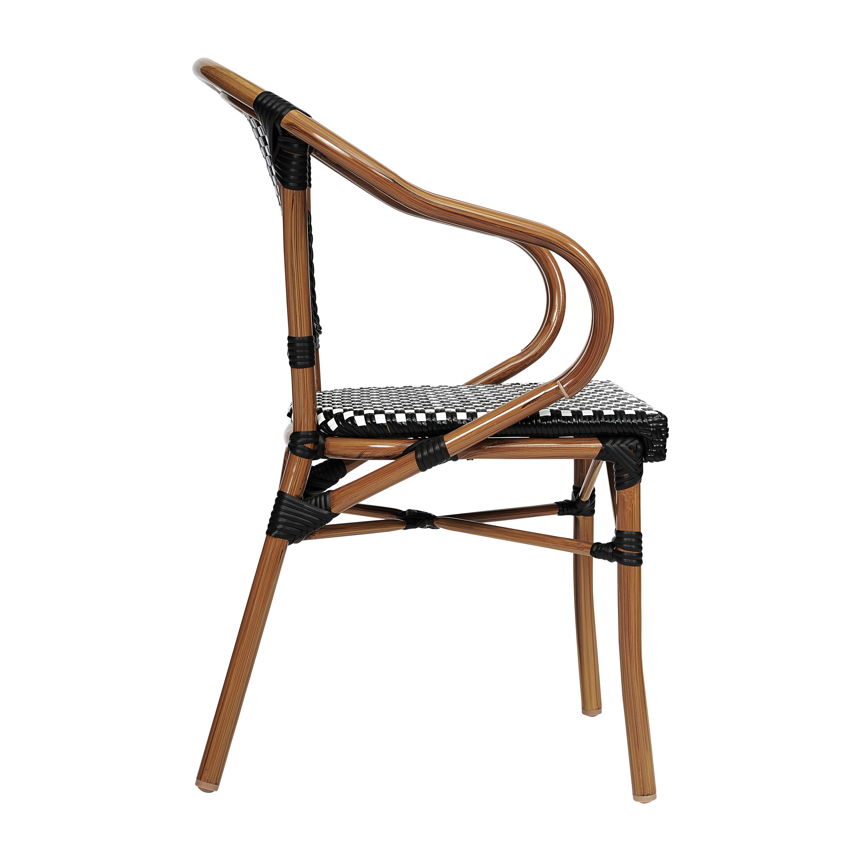 2 Pack Bordeaux Indoor/Outdoor Commercial Bistro Stacking Chair with Arms, Black and White PE Rattan and Bamboo Print Aluminum Frame in Natural